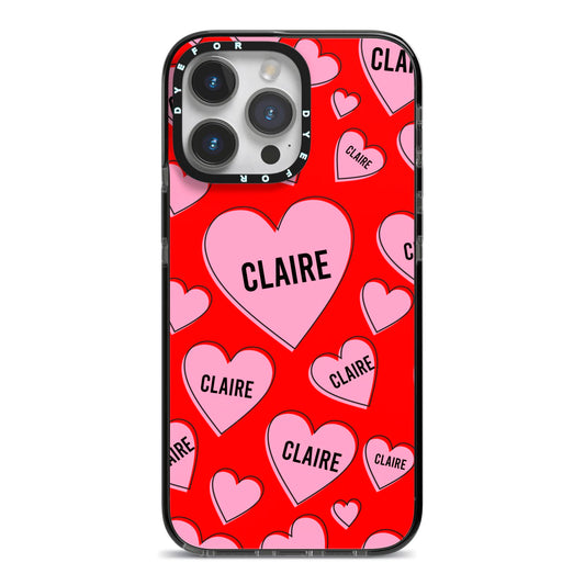 Personalised Hearts iPhone 14 Pro Max Black Impact Case on Silver phone