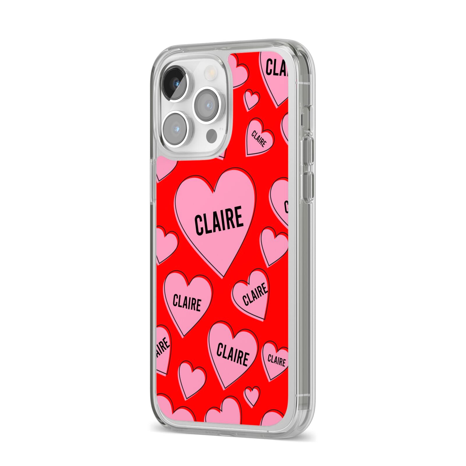 Personalised Hearts iPhone 14 Pro Max Clear Tough Case Silver Angled Image