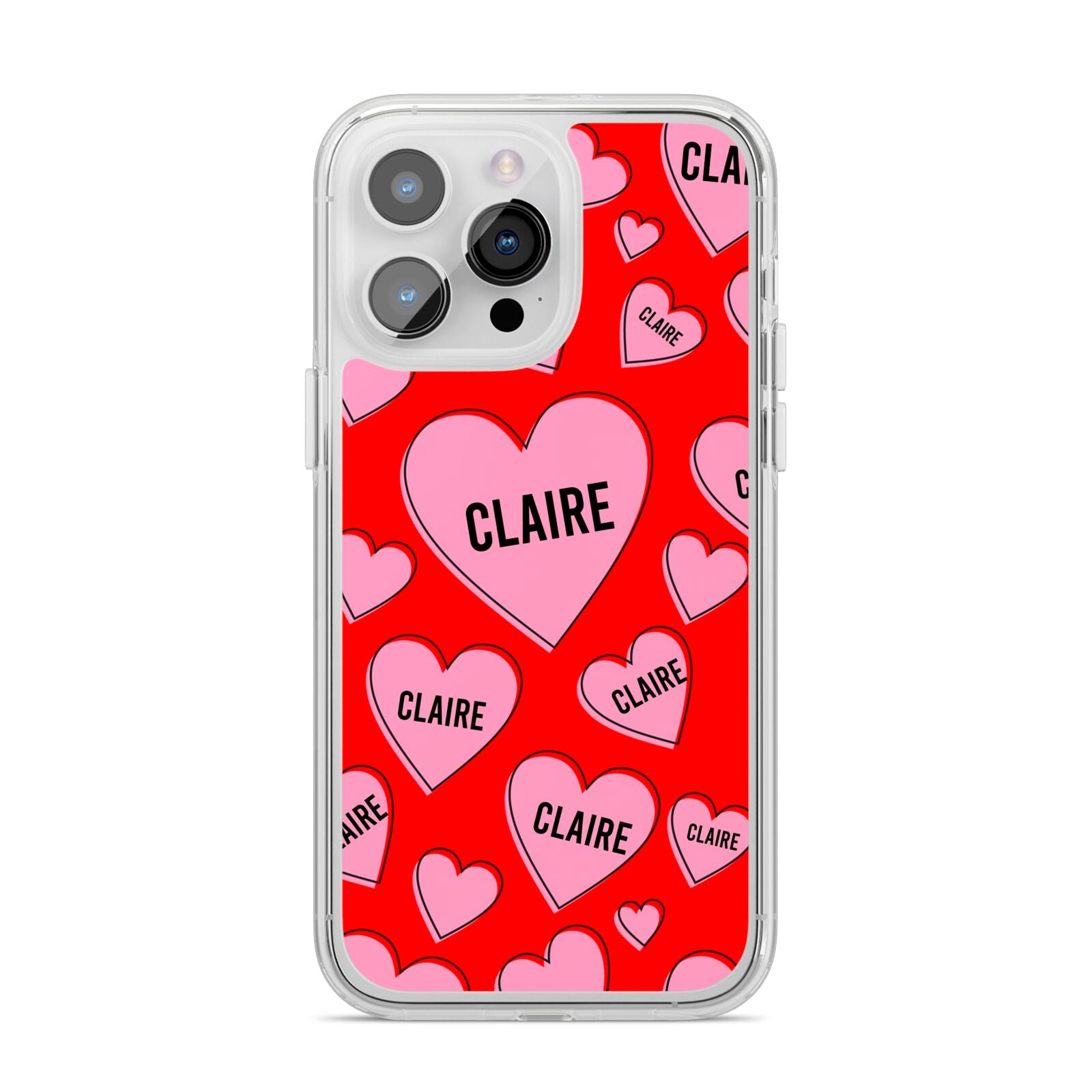 Personalised Hearts iPhone 14 Pro Max Clear Tough Case Silver