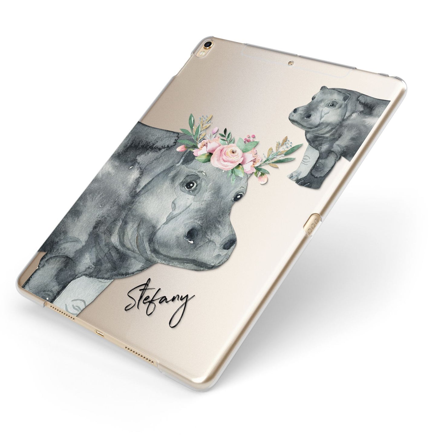 Personalised Hippopotamus Apple iPad Case on Gold iPad Side View
