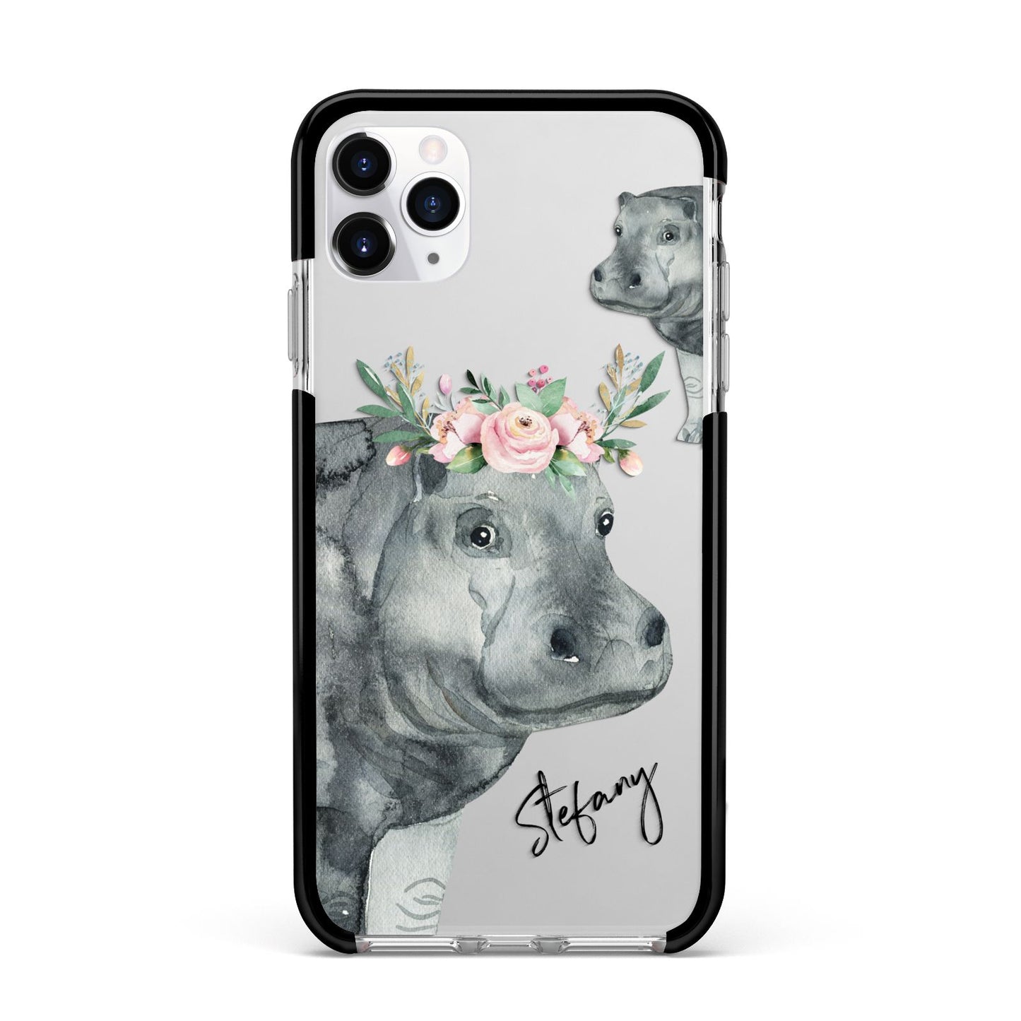 Personalised Hippopotamus Apple iPhone 11 Pro Max in Silver with Black Impact Case