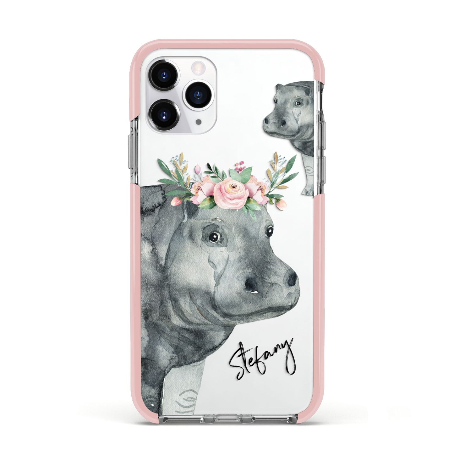 Personalised Hippopotamus Apple iPhone 11 Pro in Silver with Pink Impact Case