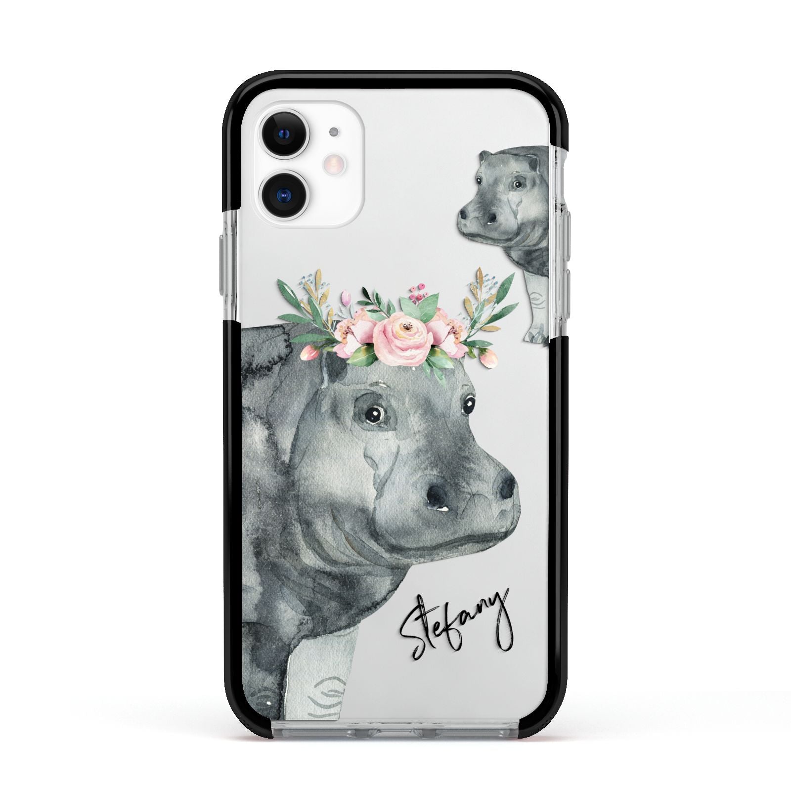 Personalised Hippopotamus Apple iPhone 11 in White with Black Impact Case