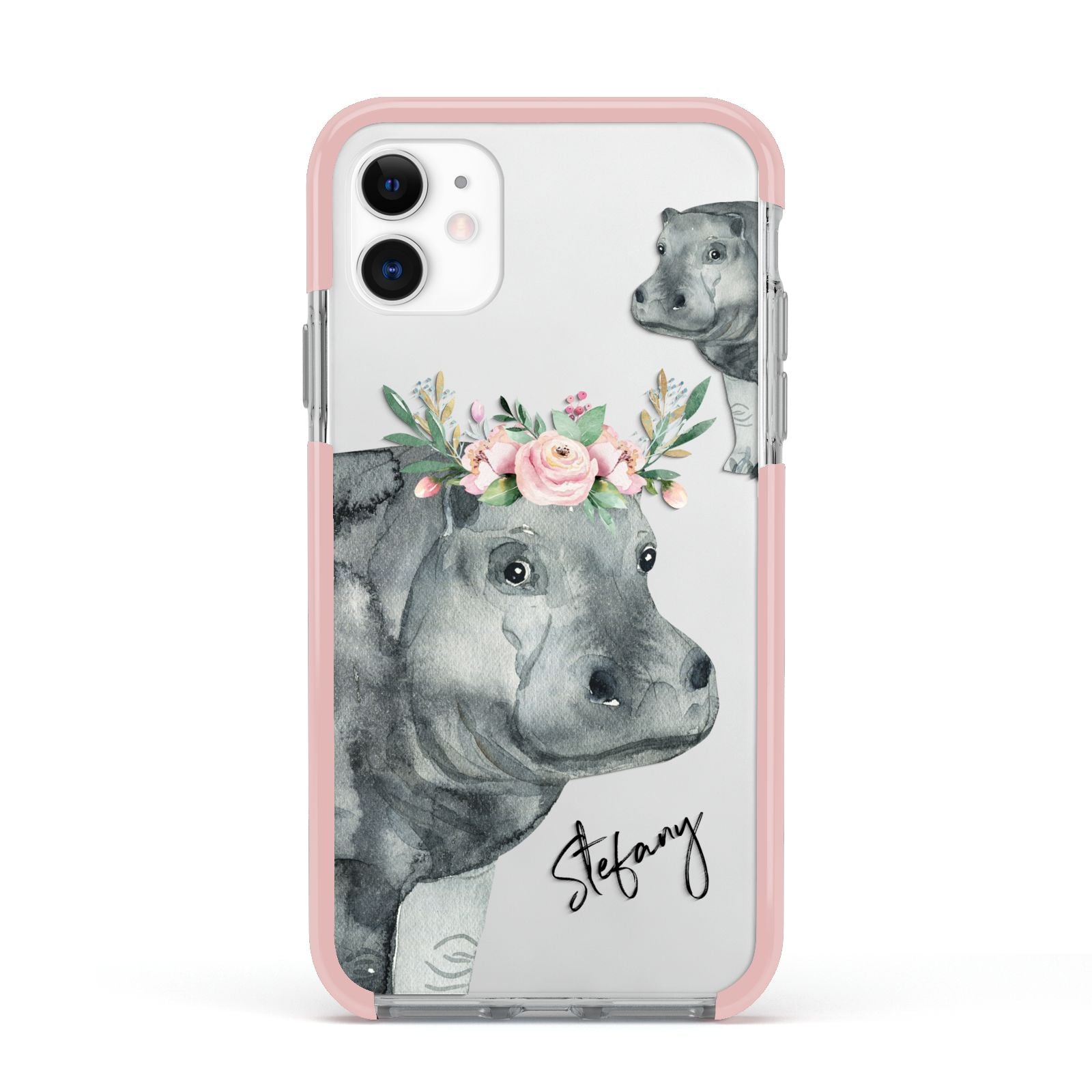 Personalised Hippopotamus Apple iPhone 11 in White with Pink Impact Case