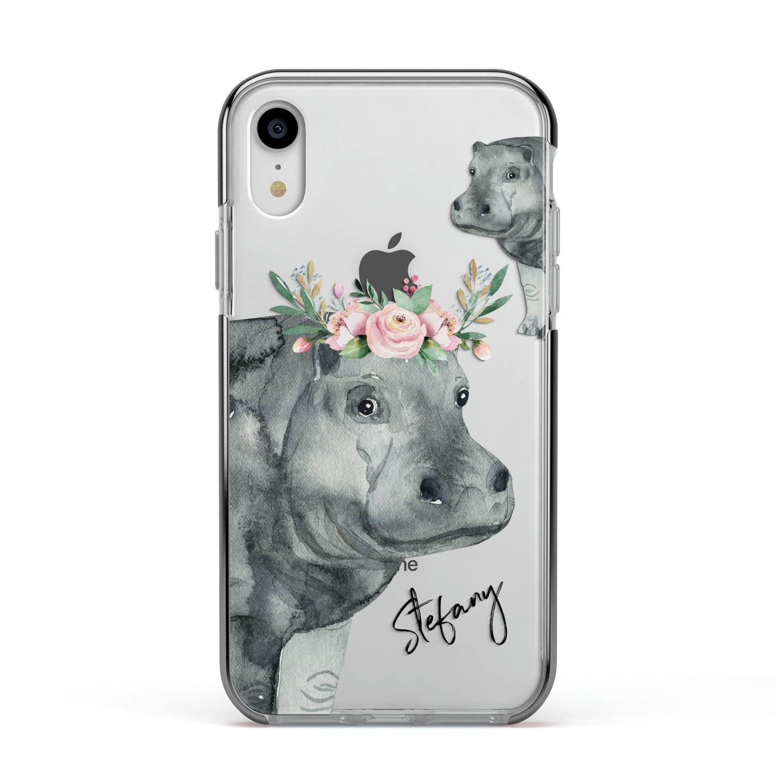 Personalised Hippopotamus Apple iPhone XR Impact Case Black Edge on Silver Phone