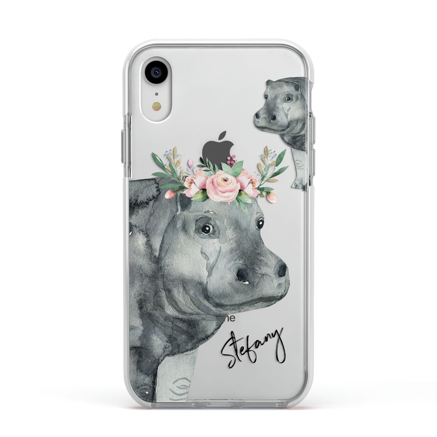 Personalised Hippopotamus Apple iPhone XR Impact Case White Edge on Silver Phone