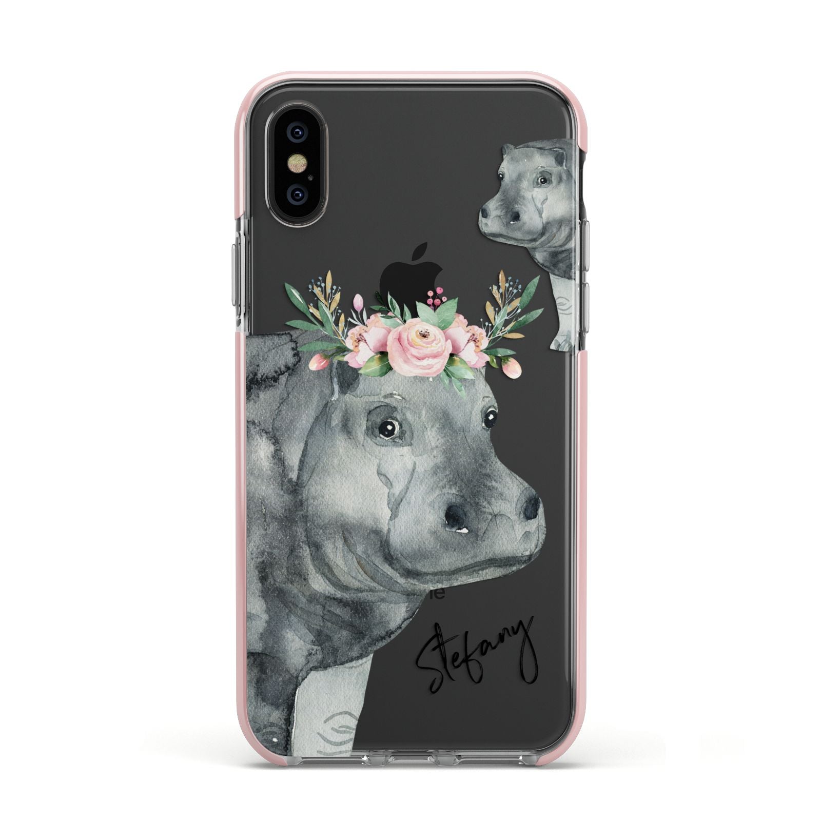 Personalised Hippopotamus Apple iPhone Xs Impact Case Pink Edge on Black Phone