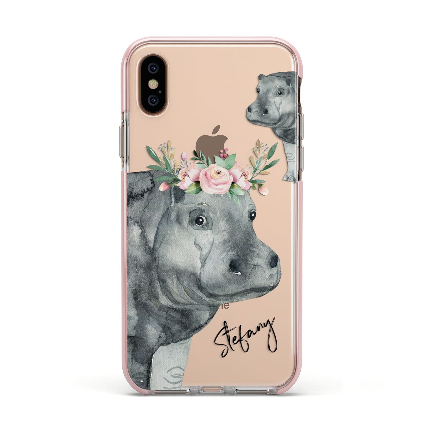 Personalised Hippopotamus Apple iPhone Xs Impact Case Pink Edge on Gold Phone