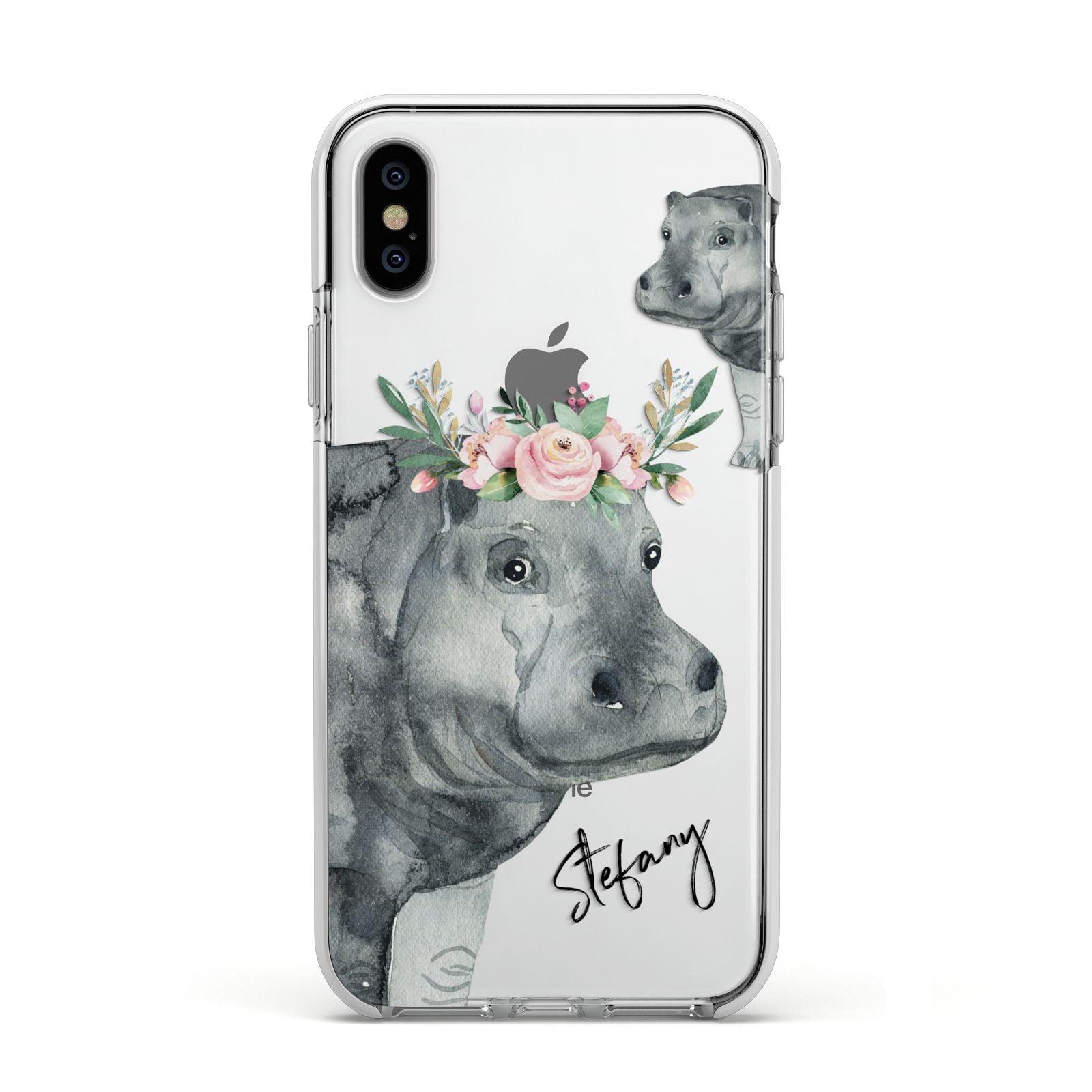 Personalised Hippopotamus Apple iPhone Xs Impact Case White Edge on Silver Phone