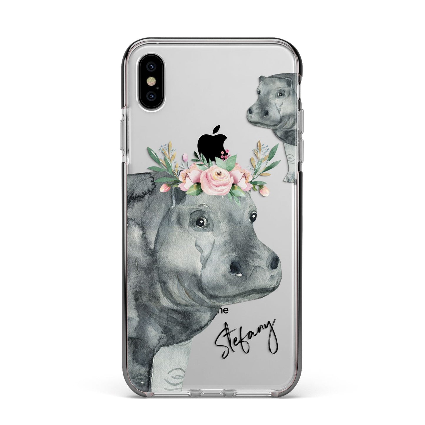 Personalised Hippopotamus Apple iPhone Xs Max Impact Case Black Edge on Silver Phone