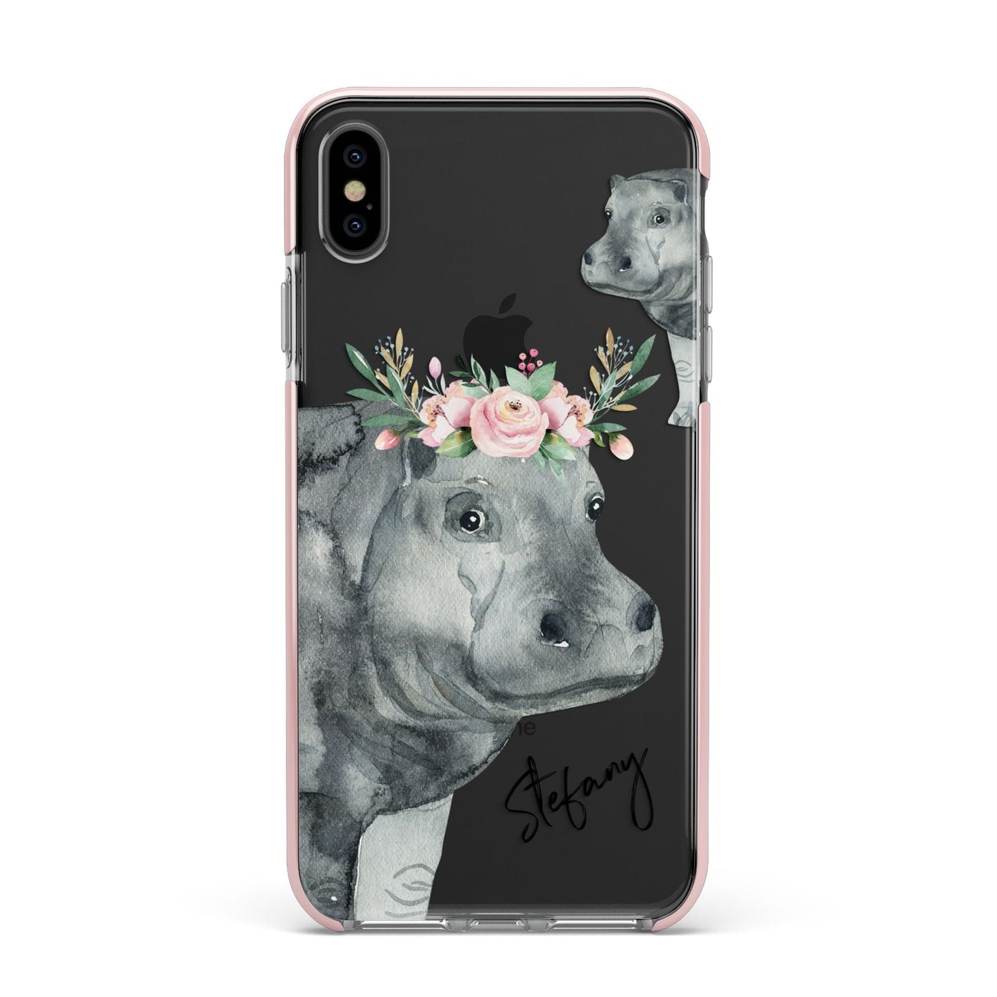 Personalised Hippopotamus Apple iPhone Xs Max Impact Case Pink Edge on Black Phone