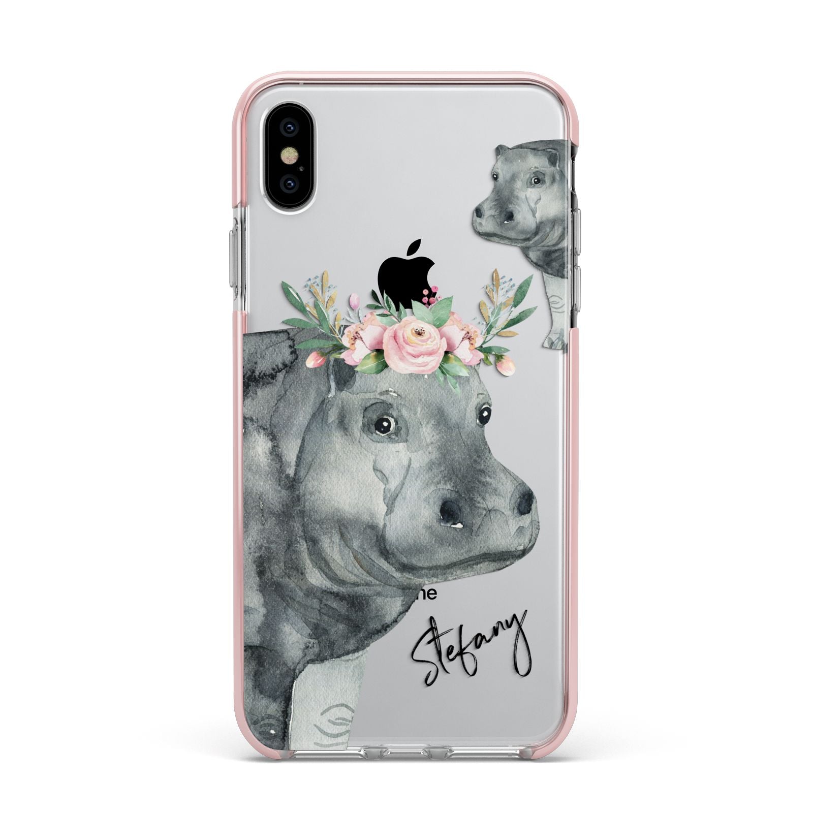 Personalised Hippopotamus Apple iPhone Xs Max Impact Case Pink Edge on Silver Phone