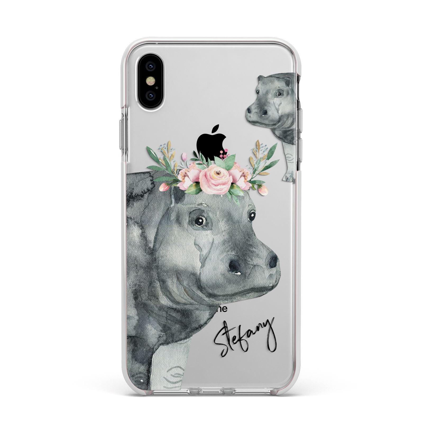Personalised Hippopotamus Apple iPhone Xs Max Impact Case White Edge on Silver Phone