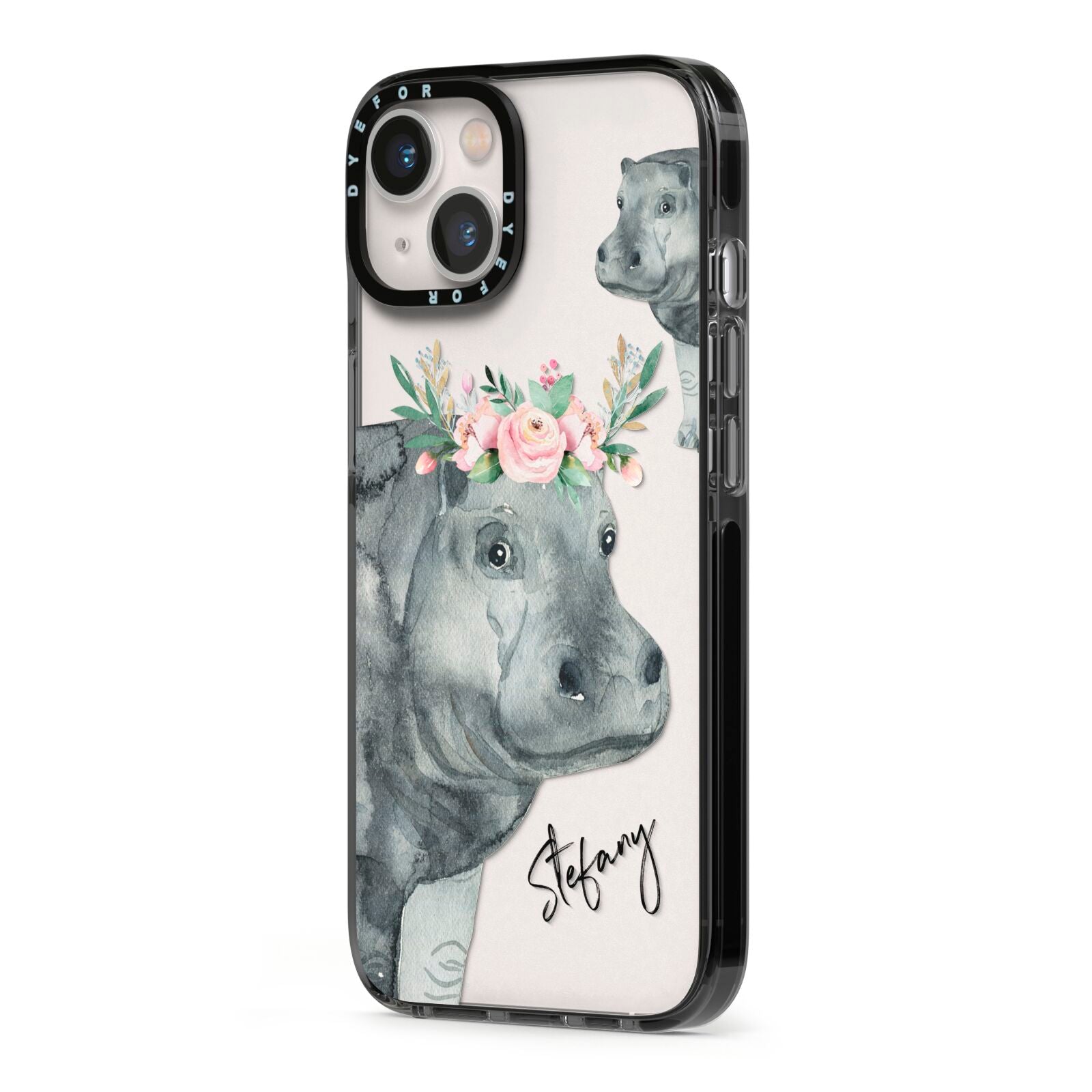 Personalised Hippopotamus iPhone 13 Black Impact Case Side Angle on Silver phone