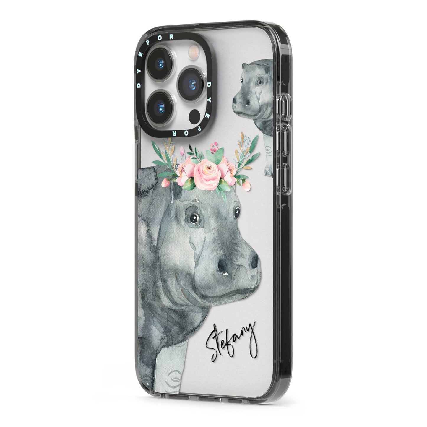 Personalised Hippopotamus iPhone 13 Pro Black Impact Case Side Angle on Silver phone