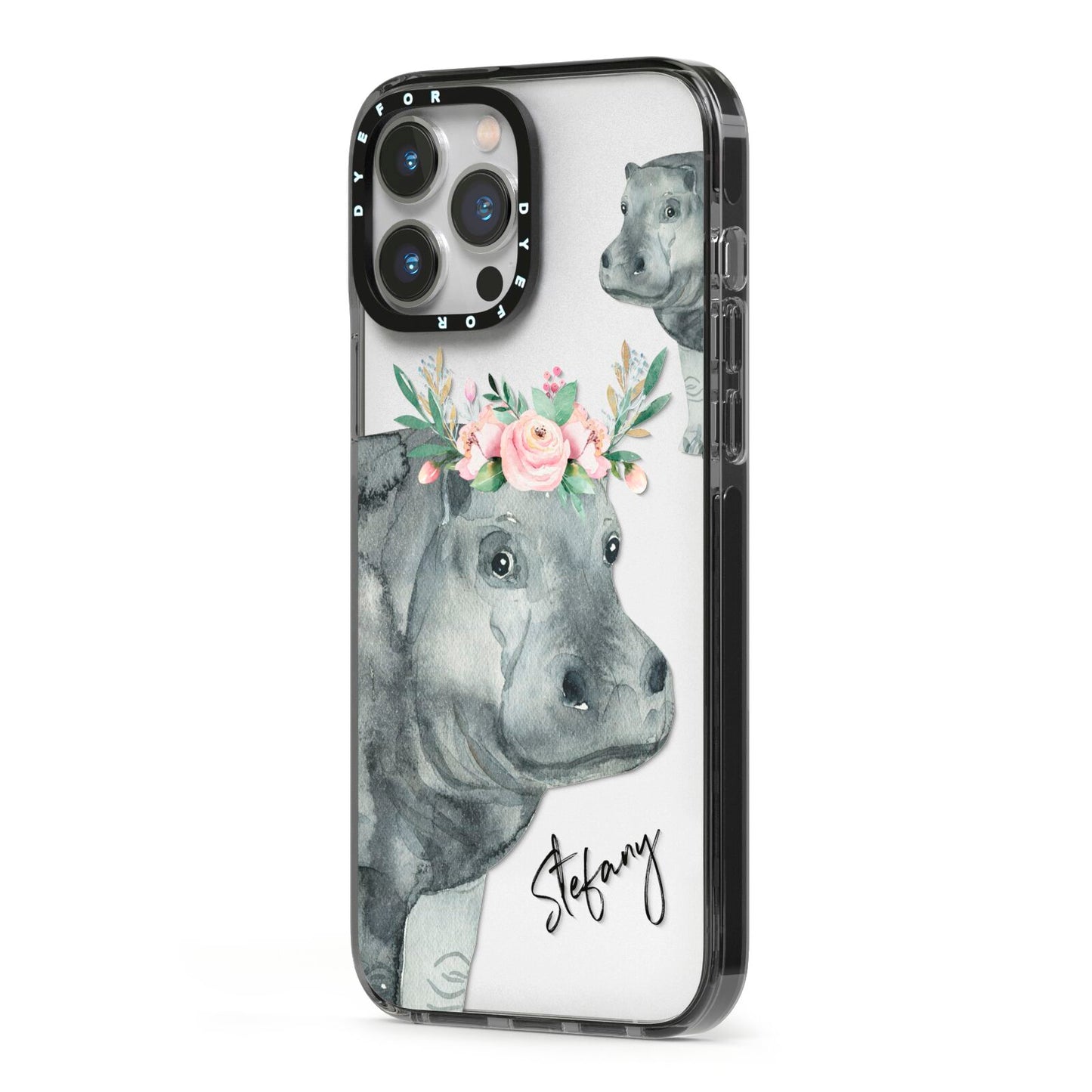 Personalised Hippopotamus iPhone 13 Pro Max Black Impact Case Side Angle on Silver phone