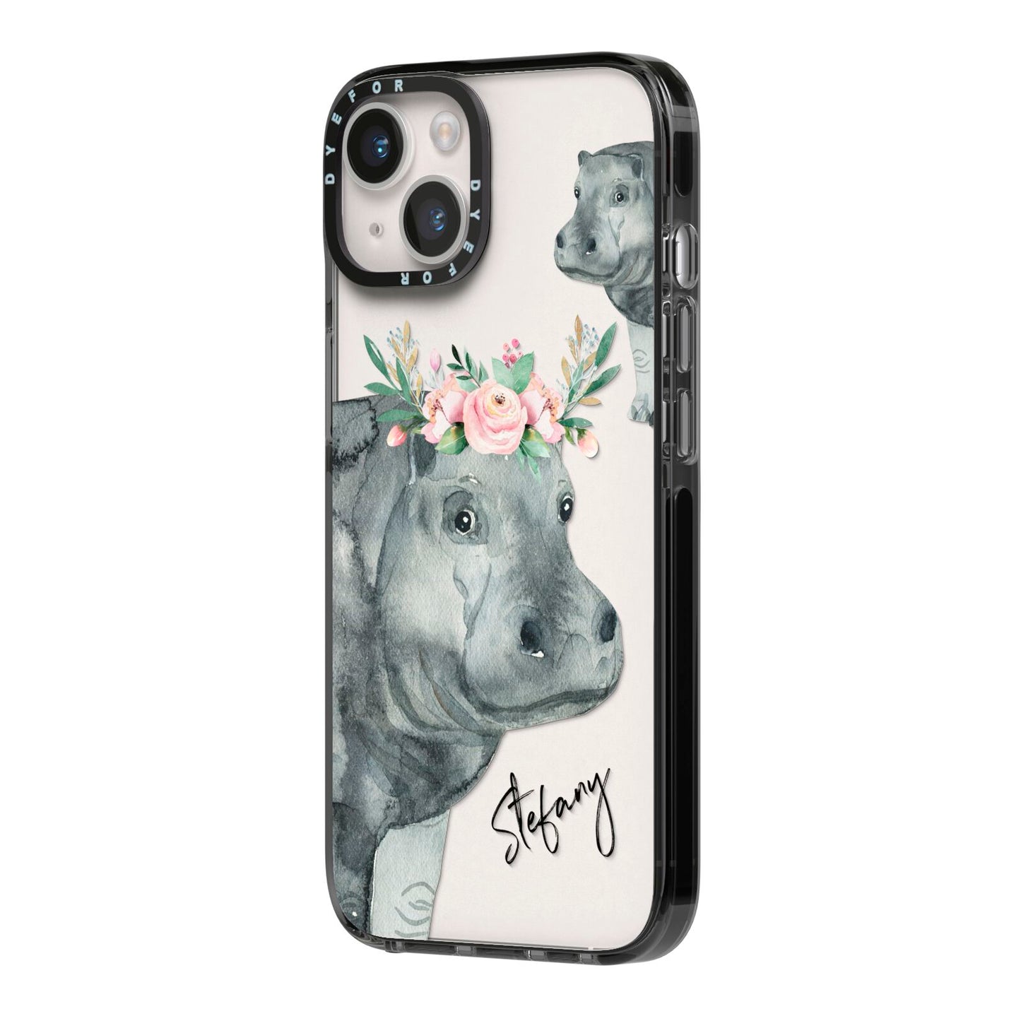Personalised Hippopotamus iPhone 14 Black Impact Case Side Angle on Silver phone