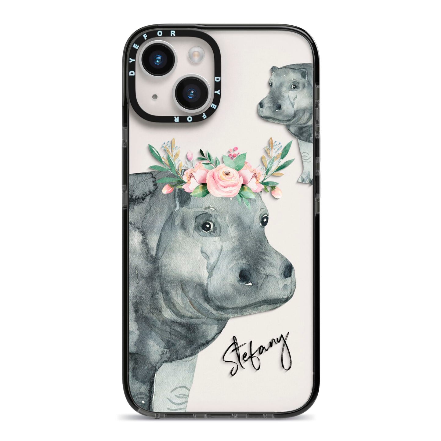 Personalised Hippopotamus iPhone 14 Black Impact Case on Silver phone
