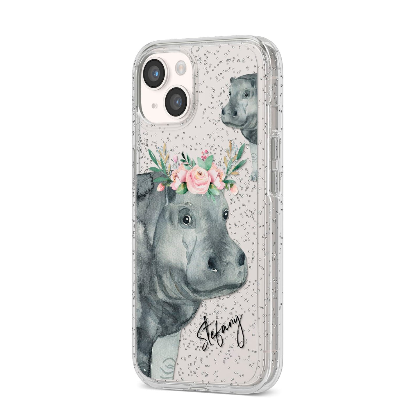 Personalised Hippopotamus iPhone 14 Glitter Tough Case Starlight Angled Image