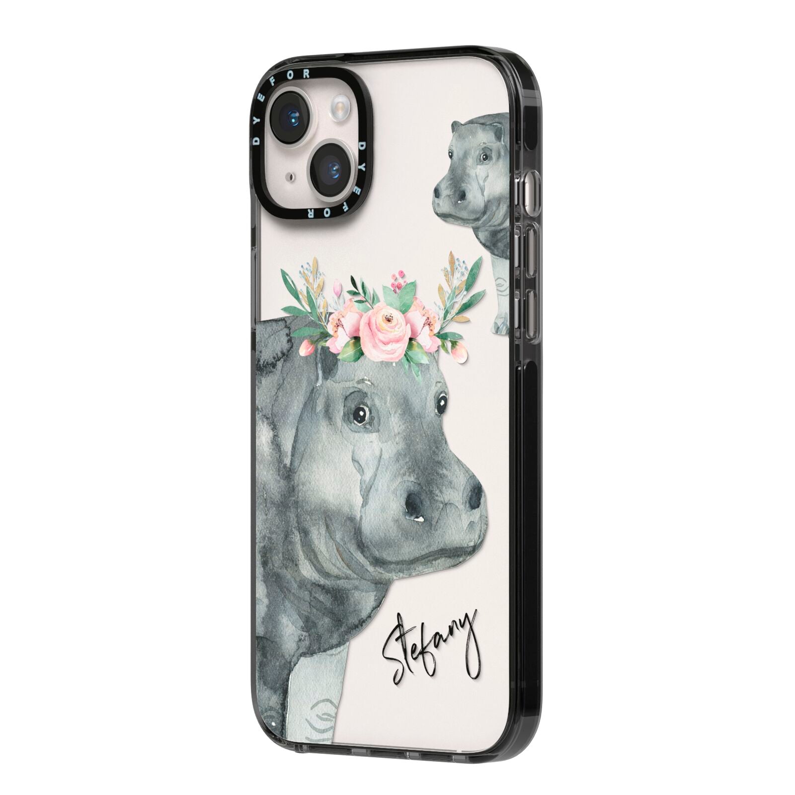 Personalised Hippopotamus iPhone 14 Plus Black Impact Case Side Angle on Silver phone
