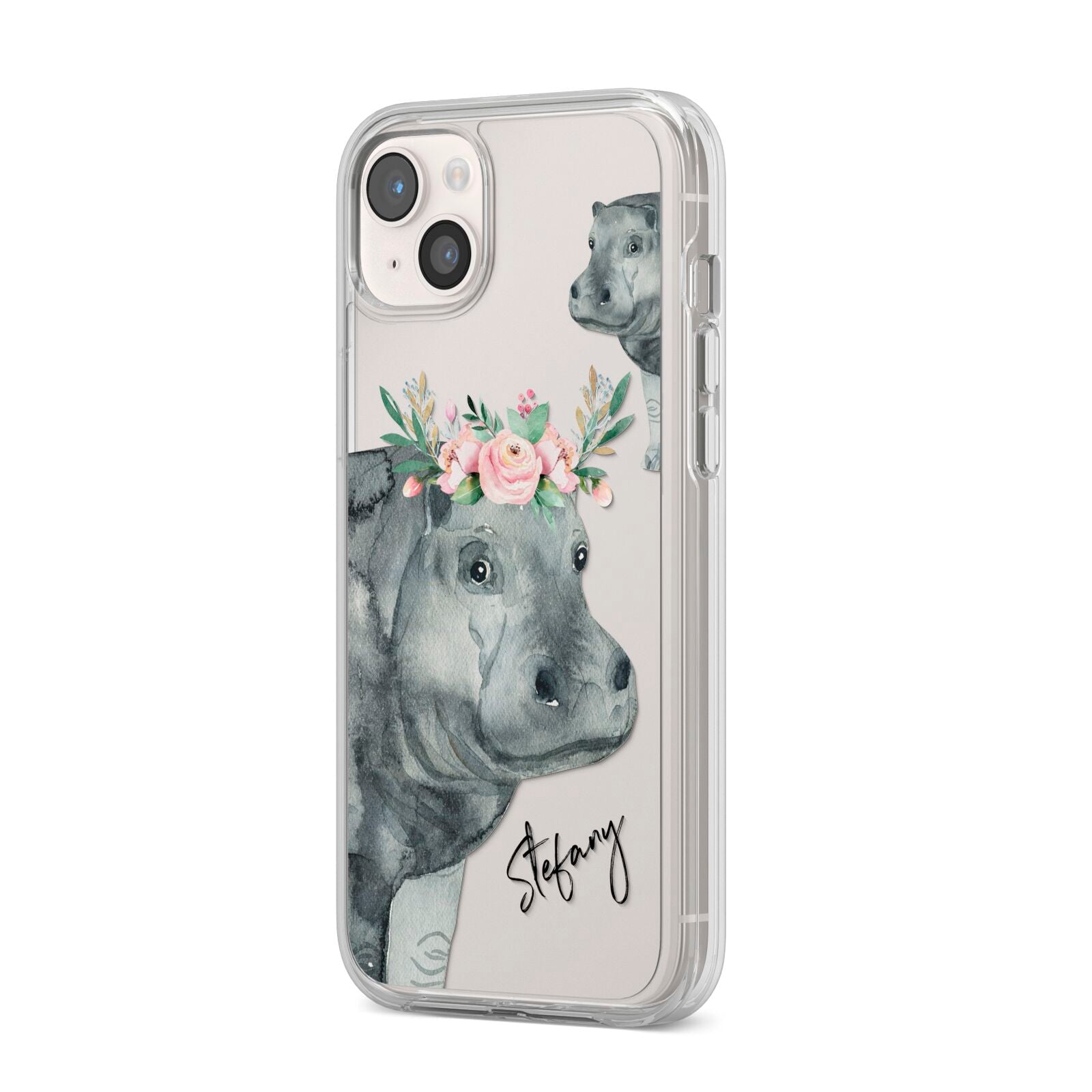 Personalised Hippopotamus iPhone 14 Plus Clear Tough Case Starlight Angled Image
