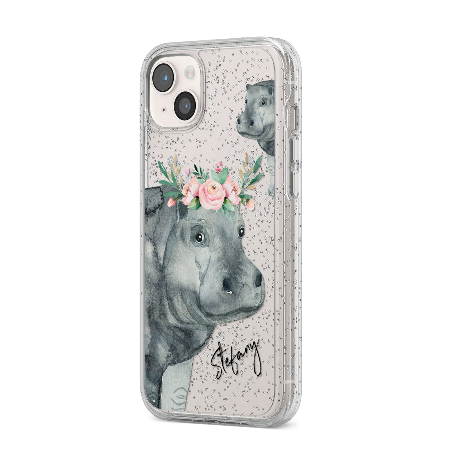 Personalised Hippopotamus iPhone 14 Plus Glitter Tough Case Starlight Angled Image