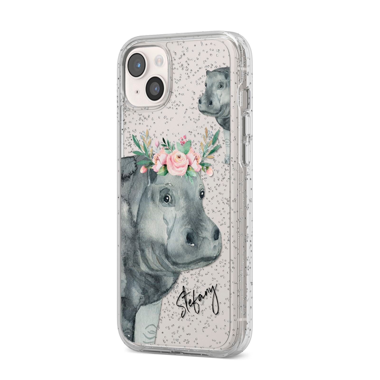 Personalised Hippopotamus iPhone 14 Plus Glitter Tough Case Starlight Angled Image