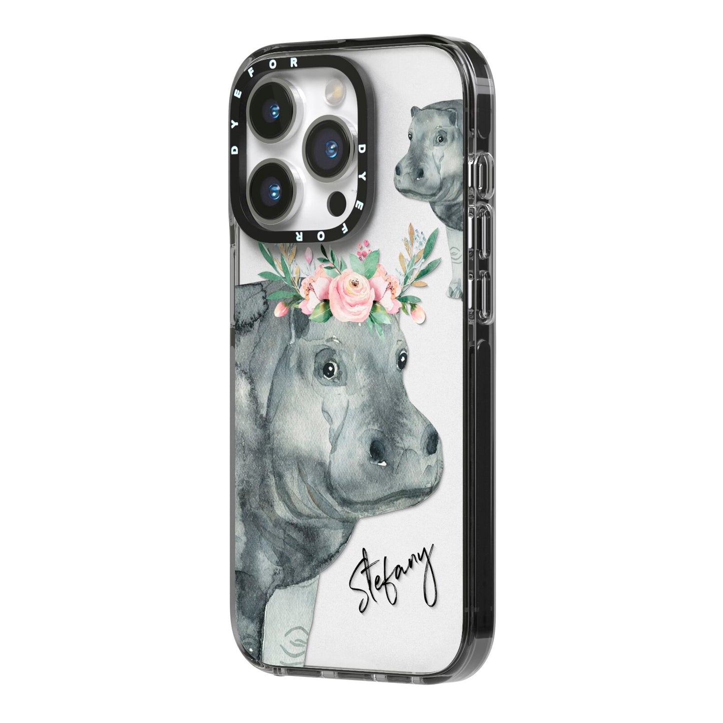 Personalised Hippopotamus iPhone 14 Pro Black Impact Case Side Angle on Silver phone
