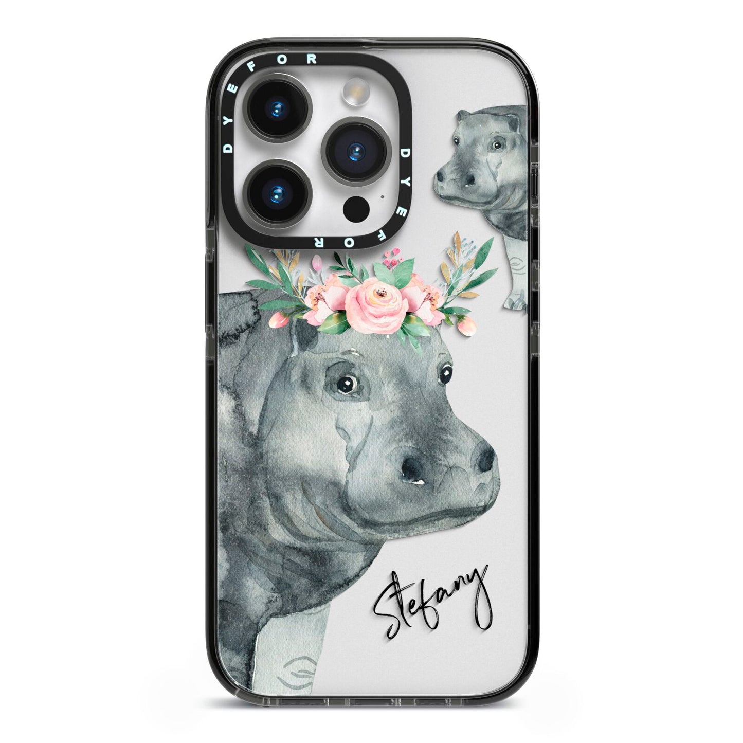 Personalised Hippopotamus iPhone 14 Pro Black Impact Case on Silver phone