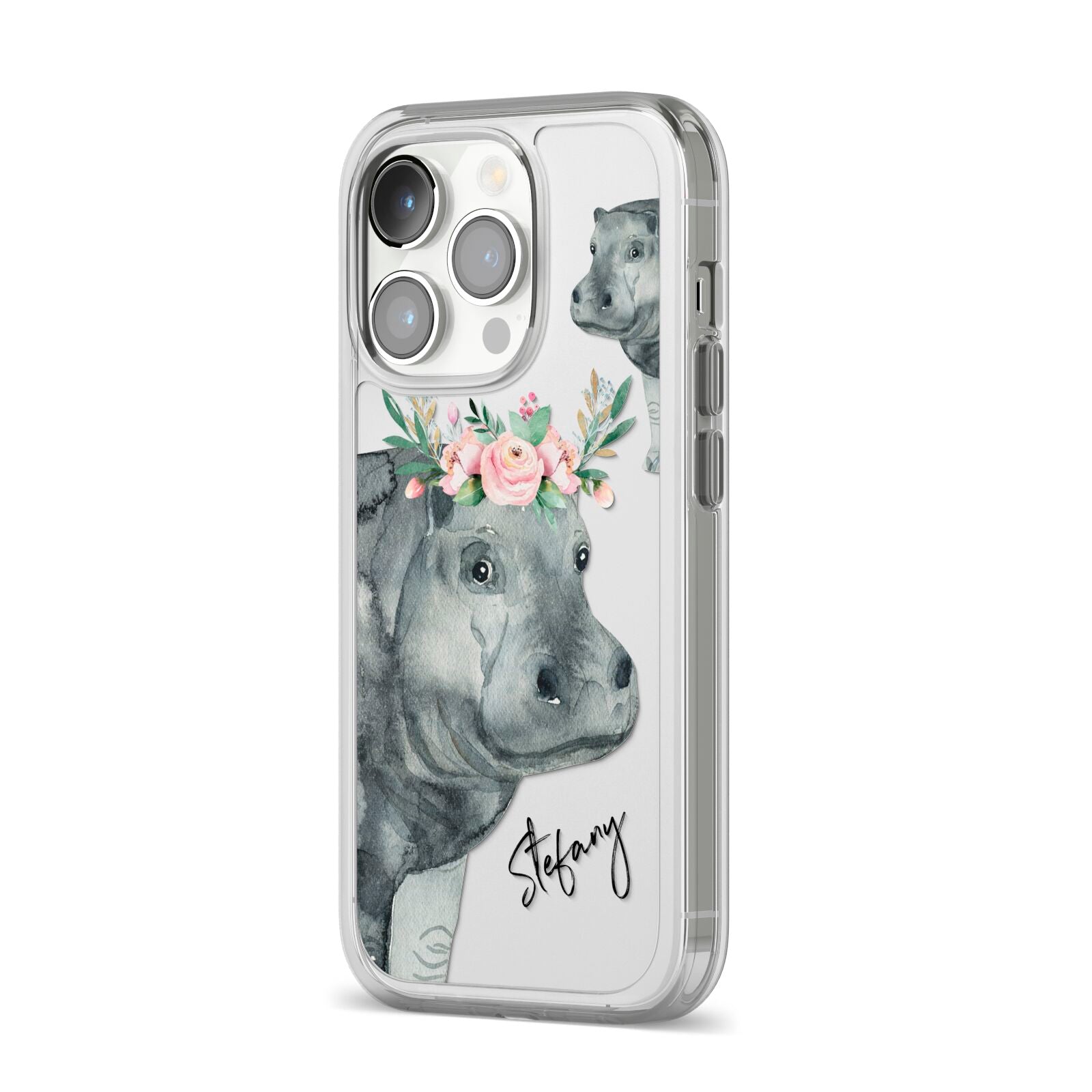 Personalised Hippopotamus iPhone 14 Pro Clear Tough Case Silver Angled Image