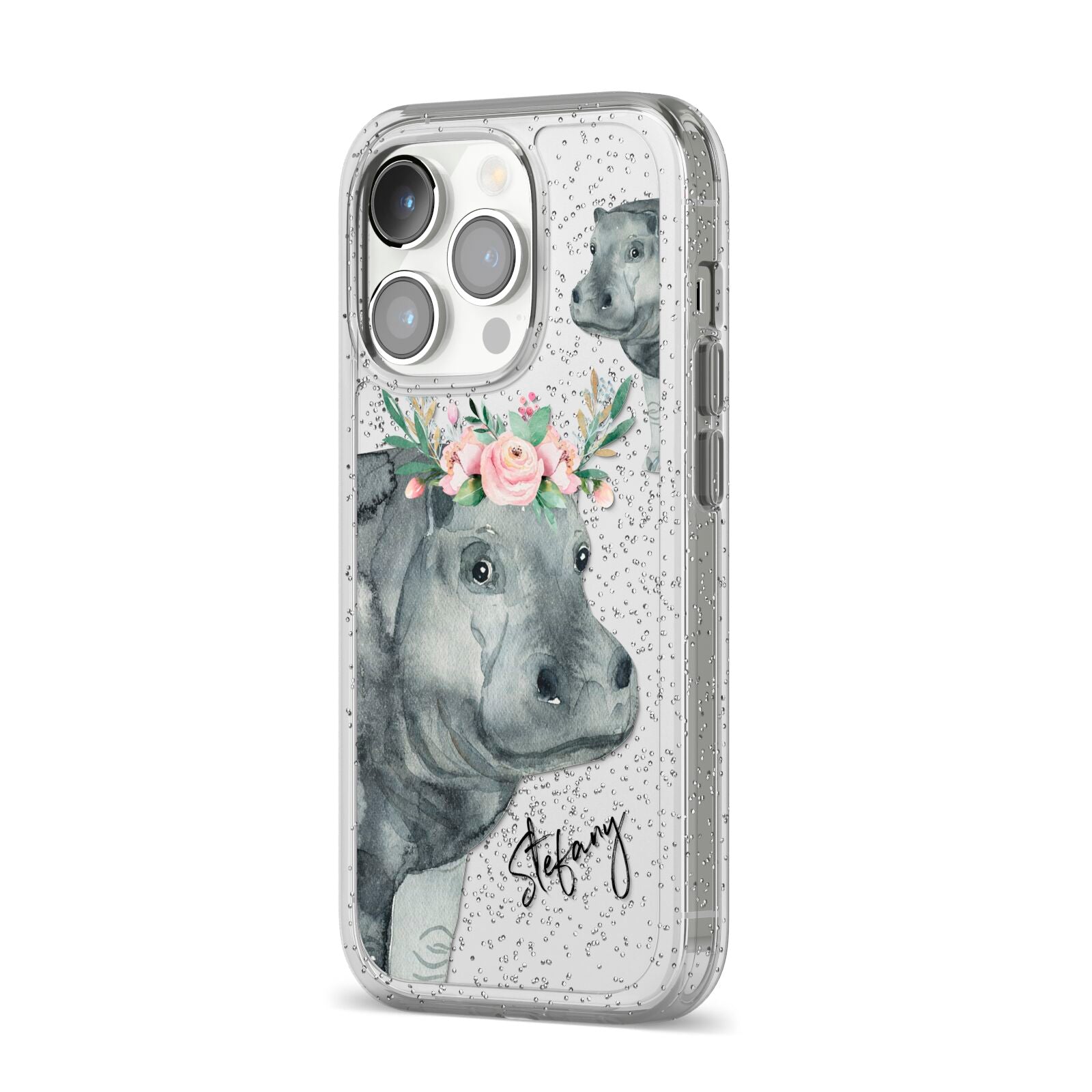 Personalised Hippopotamus iPhone 14 Pro Glitter Tough Case Silver Angled Image