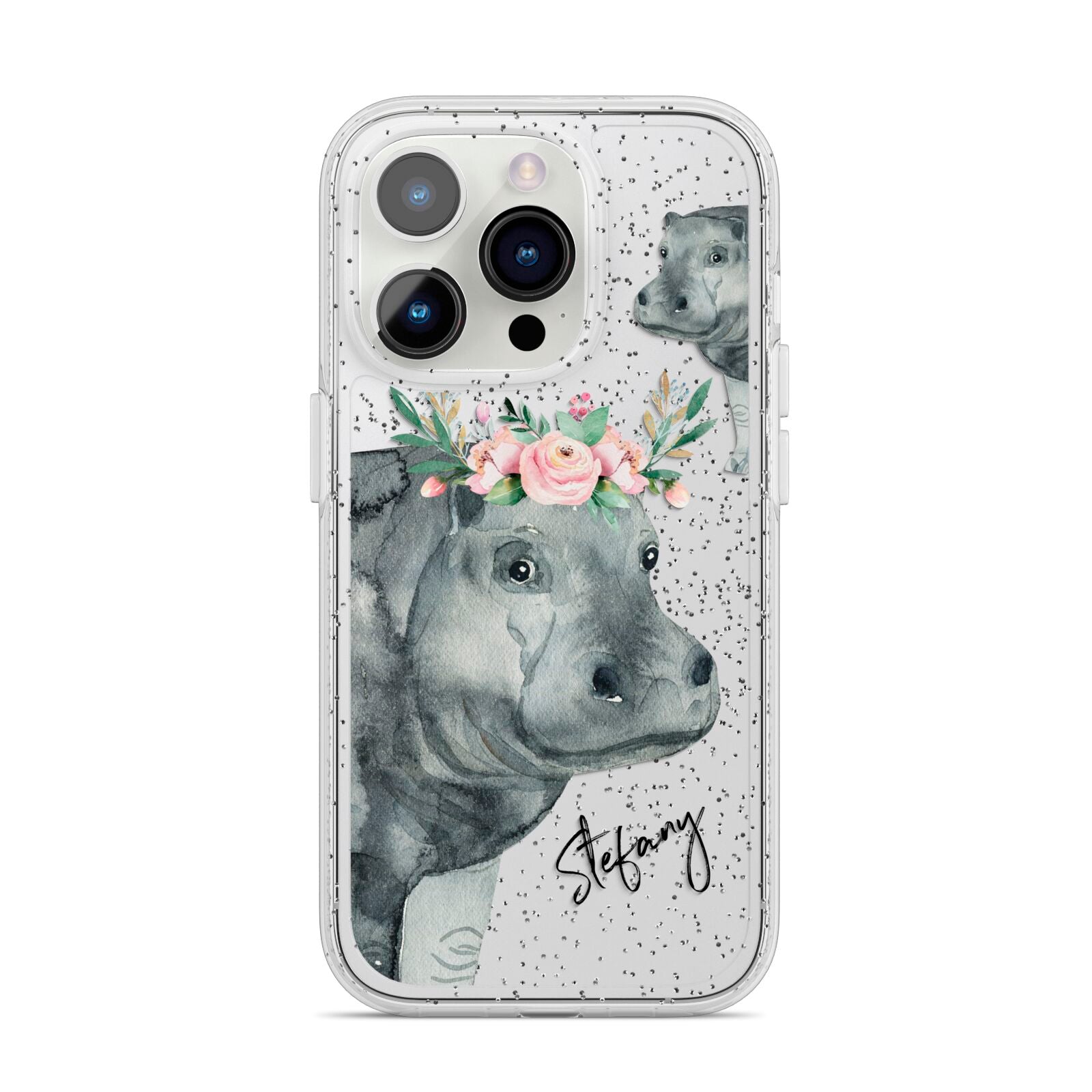 Personalised Hippopotamus iPhone 14 Pro Glitter Tough Case Silver