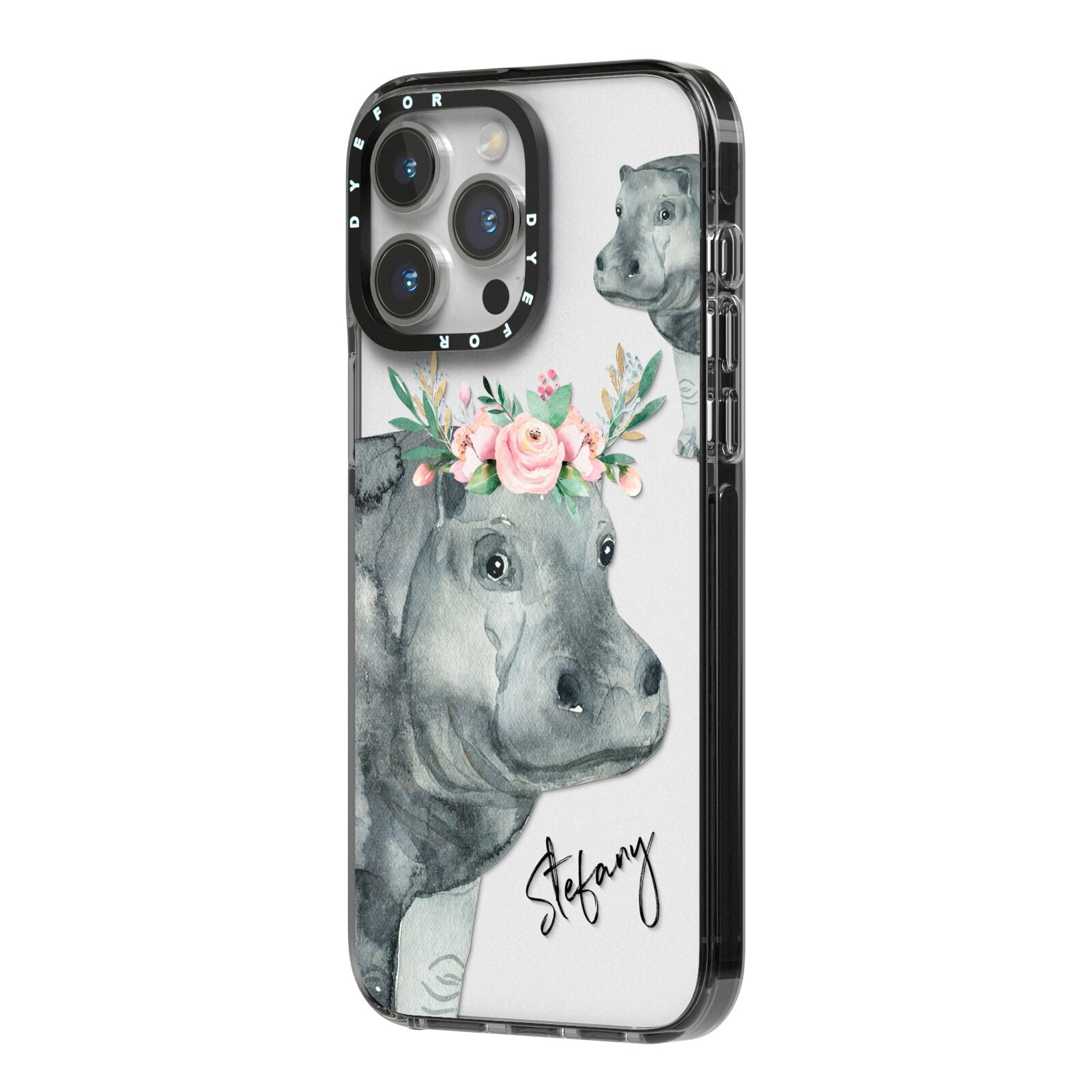 Personalised Hippopotamus iPhone 14 Pro Max Black Impact Case Side Angle on Silver phone