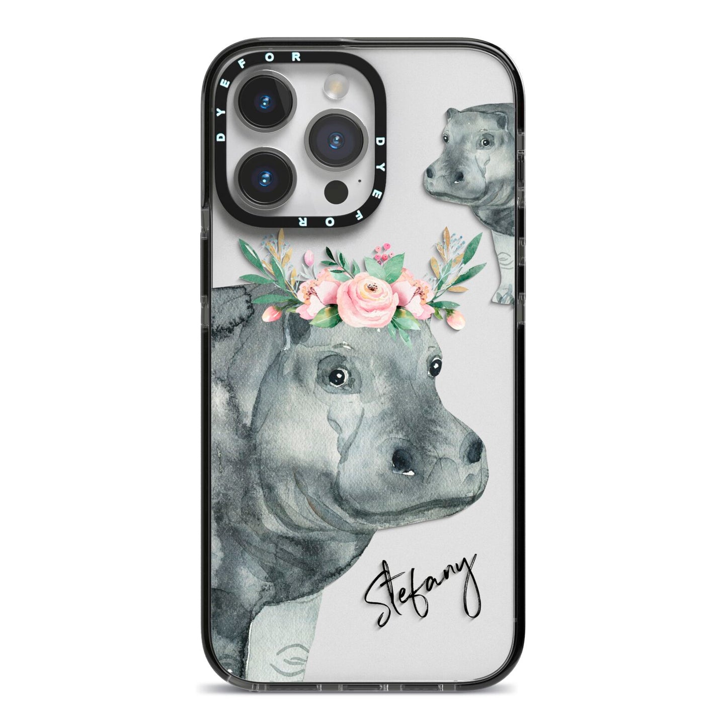 Personalised Hippopotamus iPhone 14 Pro Max Black Impact Case on Silver phone