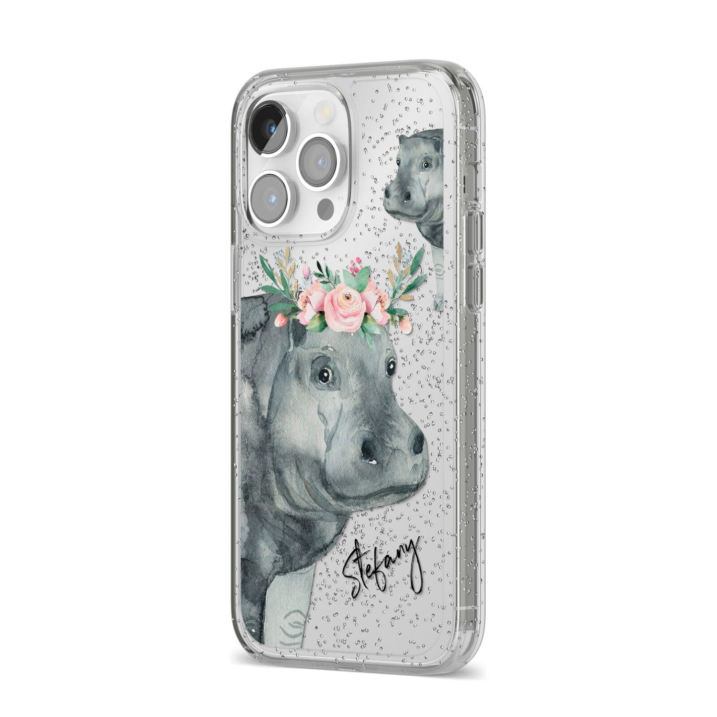 Personalised Hippopotamus iPhone 14 Pro Max Glitter Tough Case Silver Angled Image