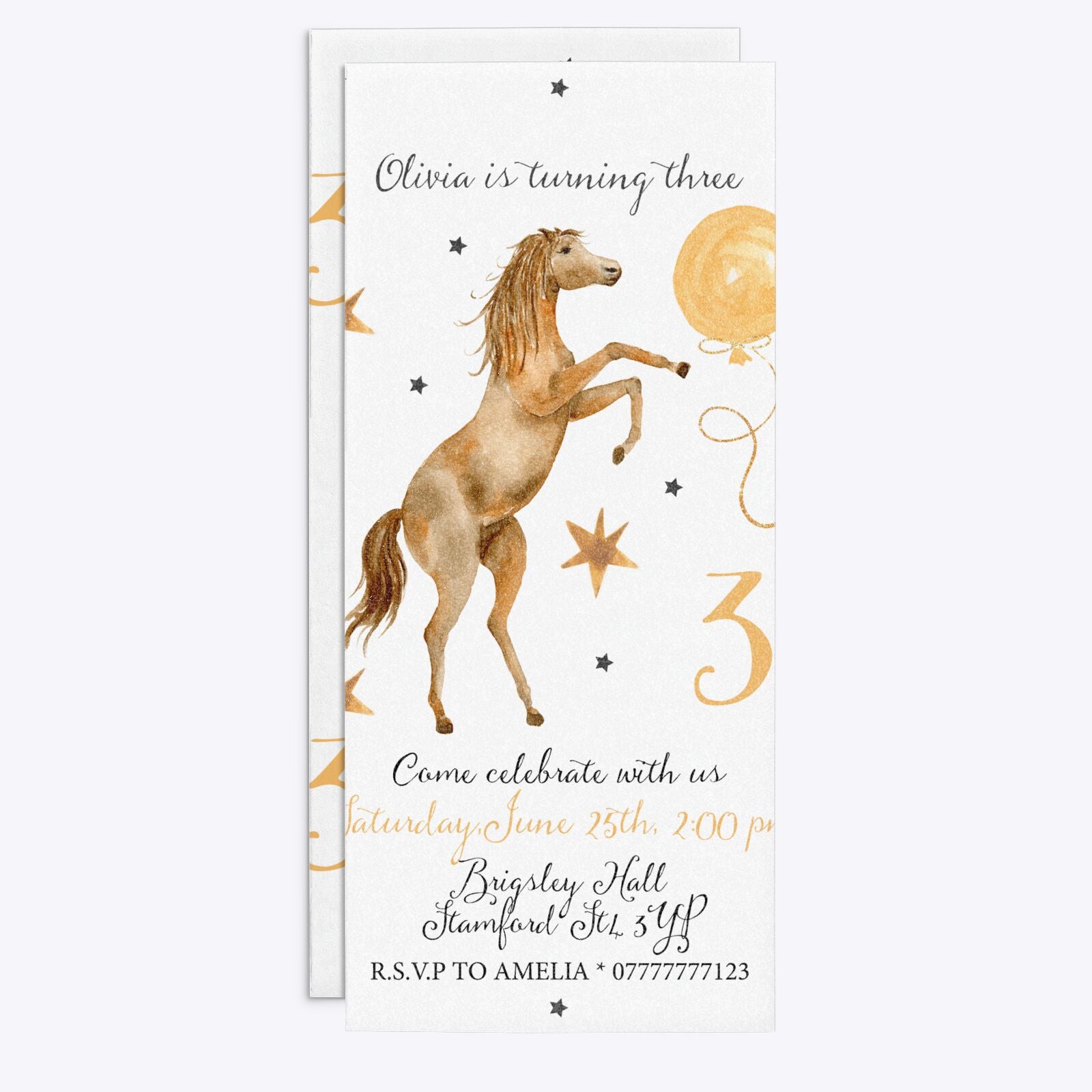 Personalised Horse Happy Birthday 4x9 Rectangle Invitation Glitter Front and Back Image