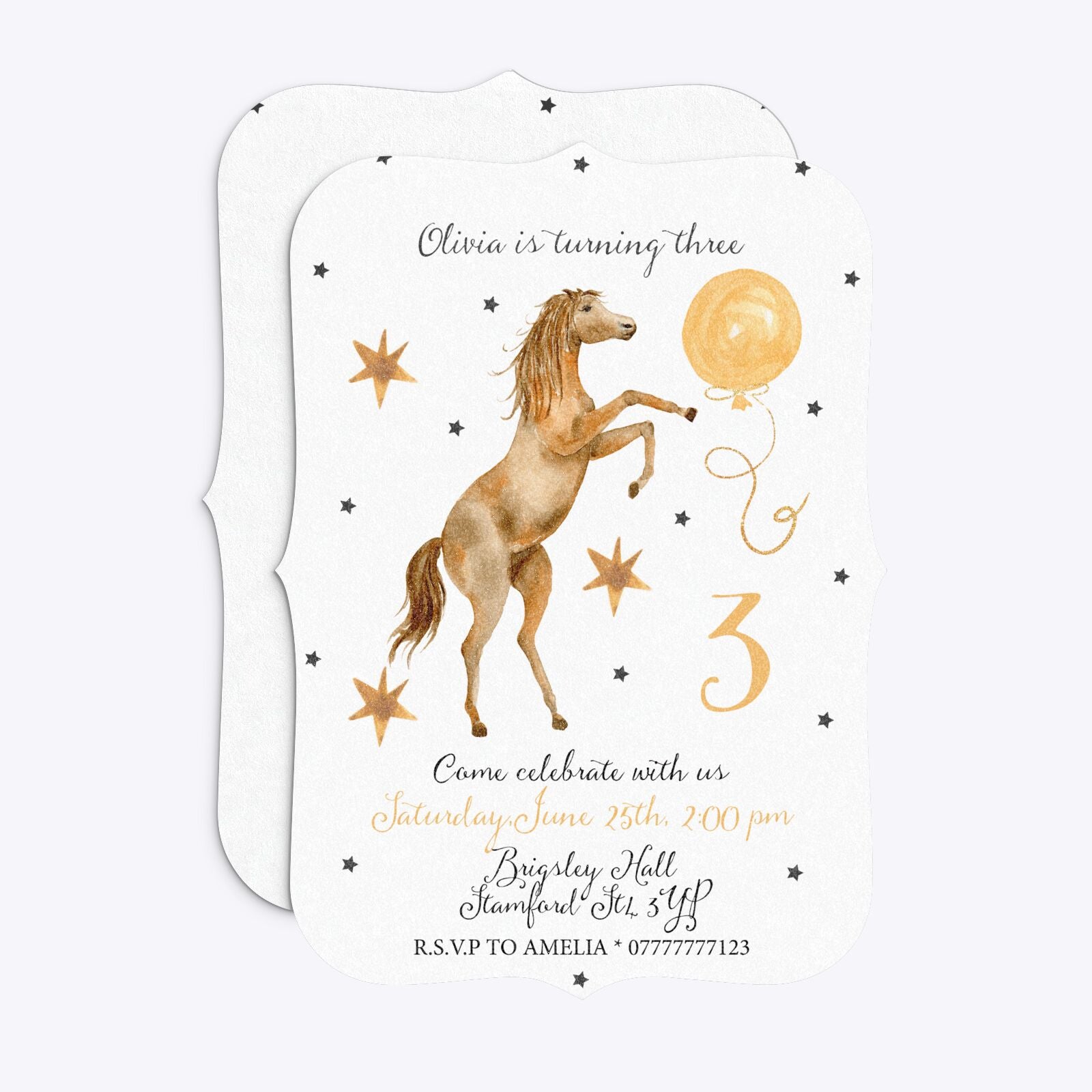 Personalised Horse Happy Birthday Bracket Invitation Glitter Front and Back Image