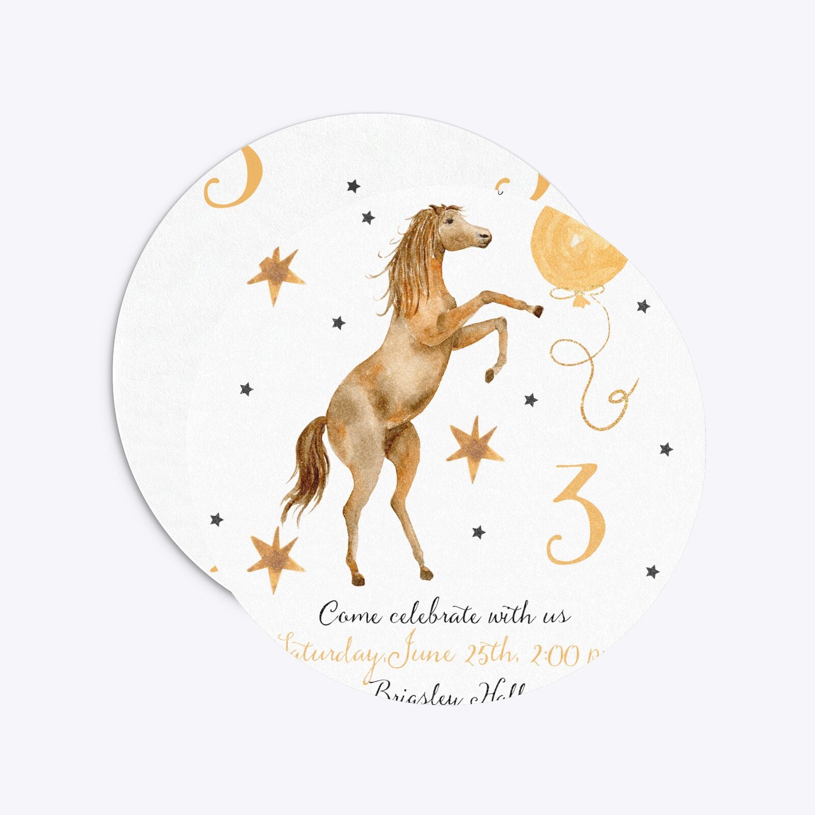 Personalised Horse Happy Birthday Circle 5 25x5 25 Invitation Glitter Front and Back Image