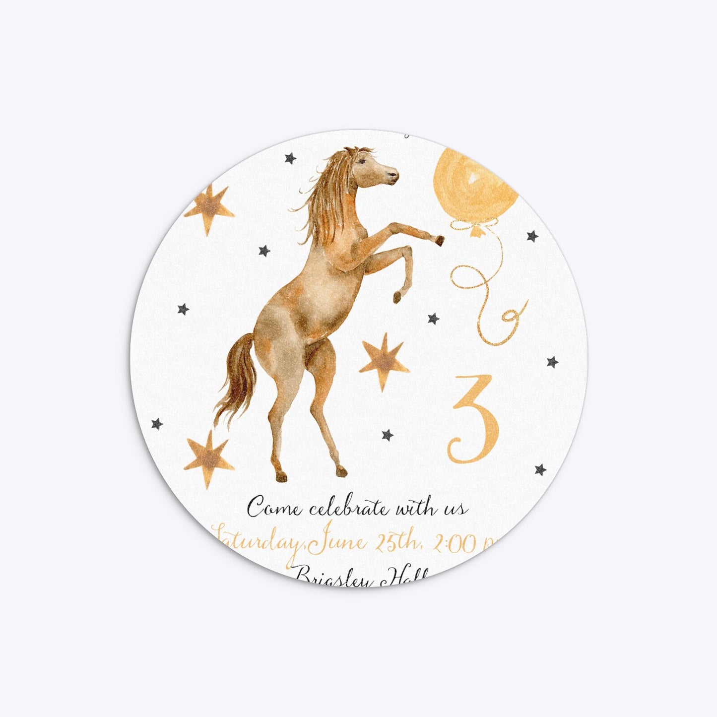 Personalised Horse Happy Birthday Circle 5 25x5 25 Invitation Glitter