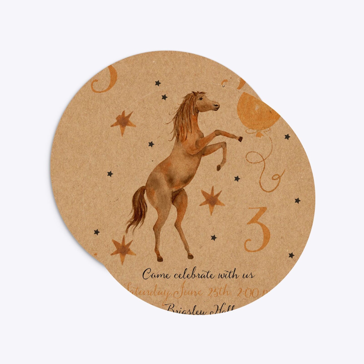 Personalised Horse Happy Birthday Circle 5 25x5 25 Invitation Kraft Front and Back Image