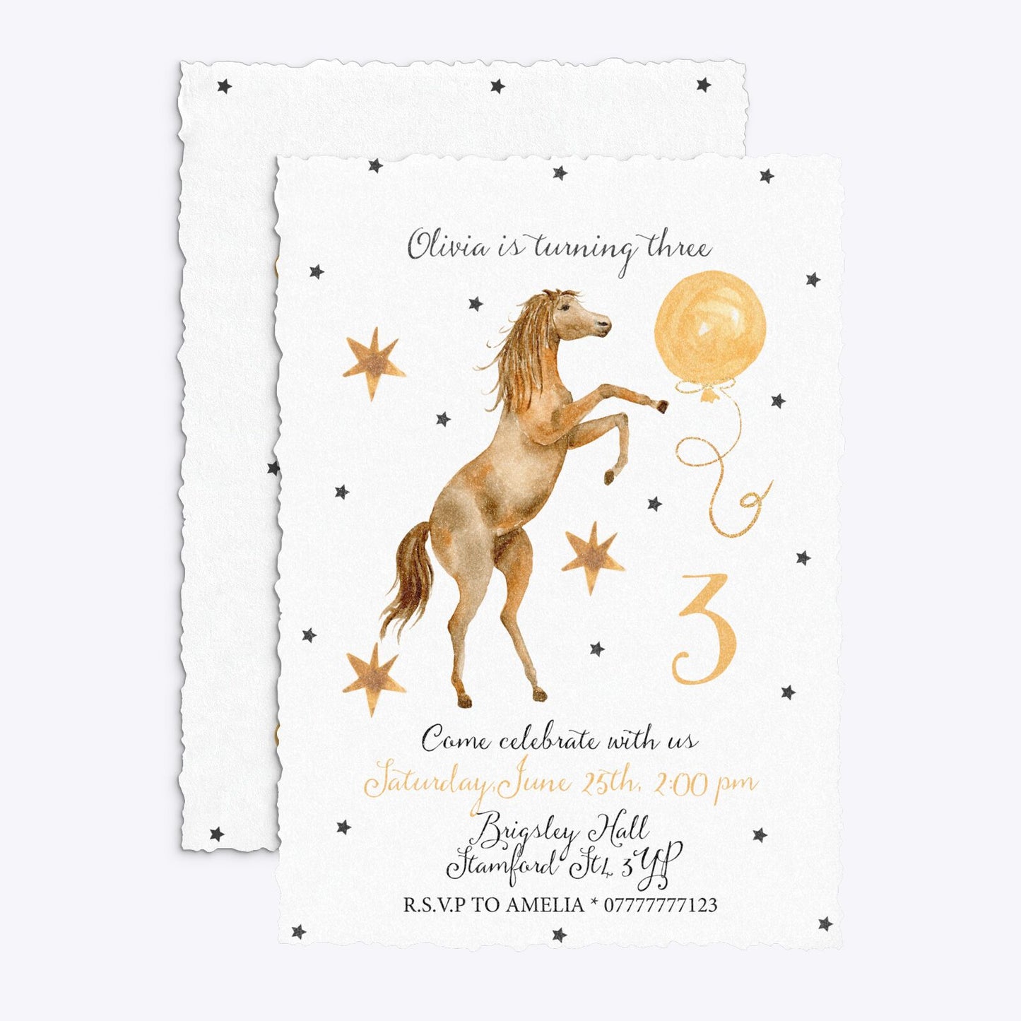 Personalised Horse Happy Birthday Deckle Invitation Glitter Front and Back Image