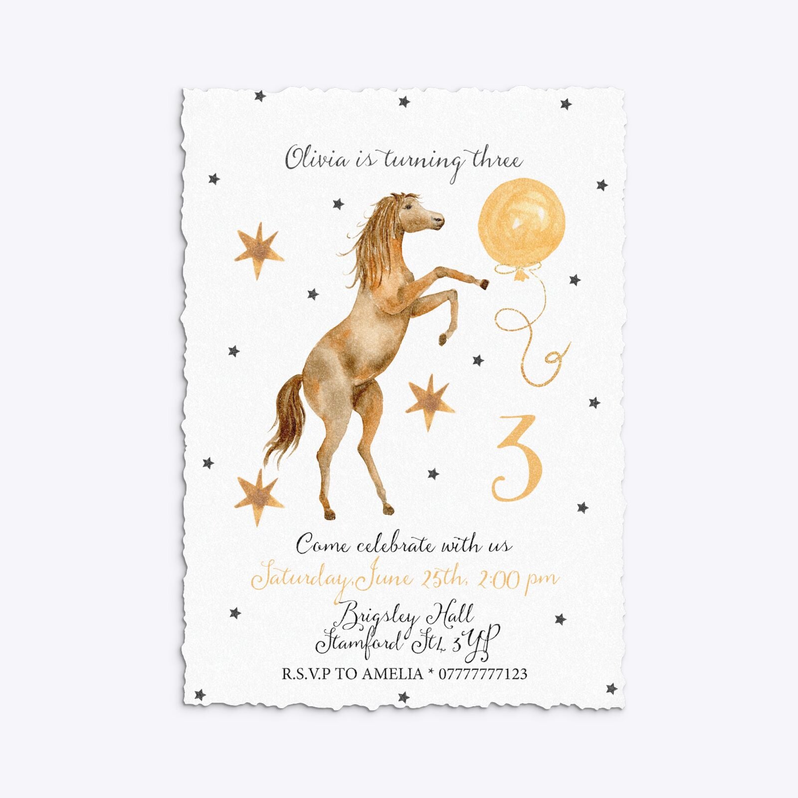 Personalised Horse Happy Birthday Deckle Invitation Glitter