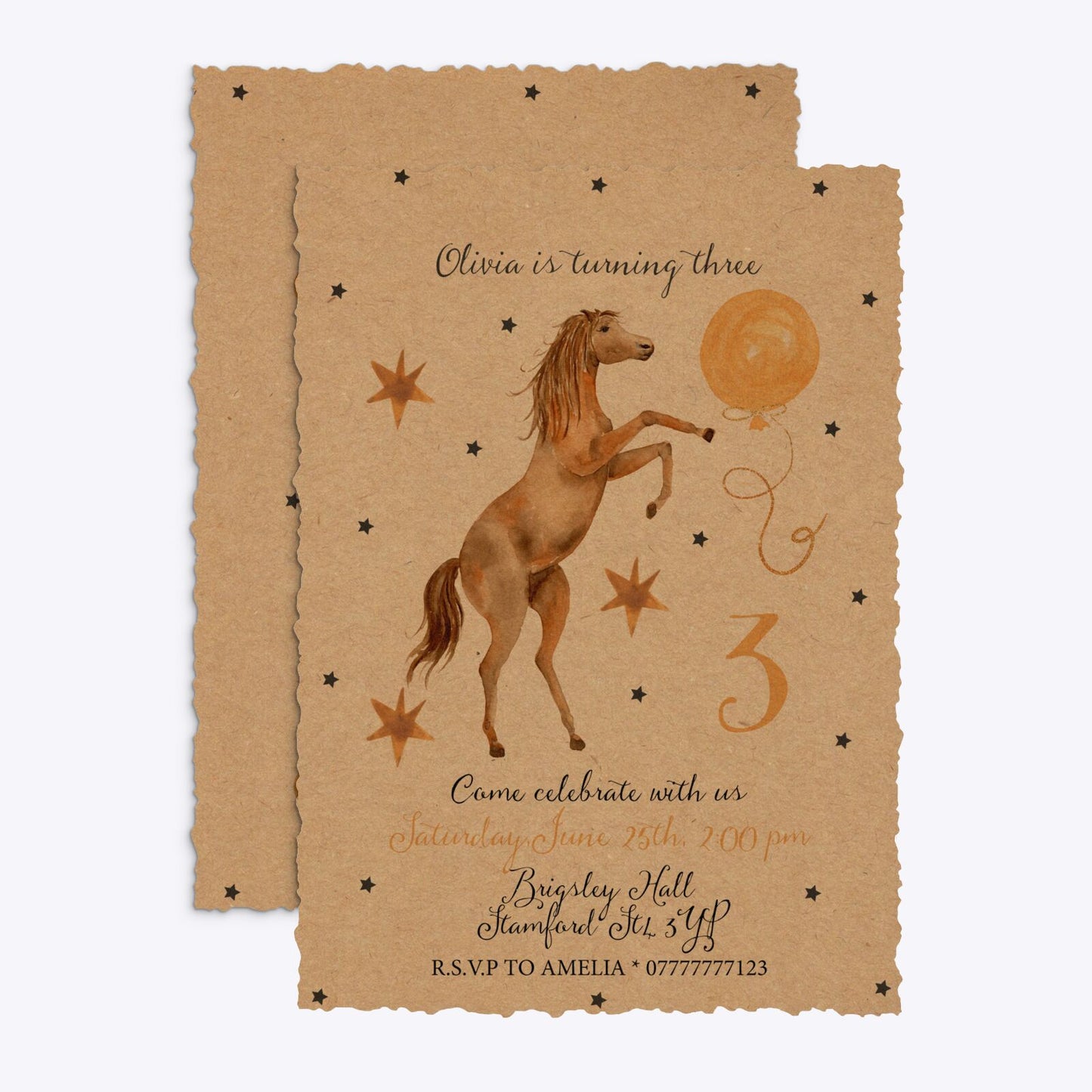 Personalised Horse Happy Birthday Deckle Invitation Kraft Front and Back Image