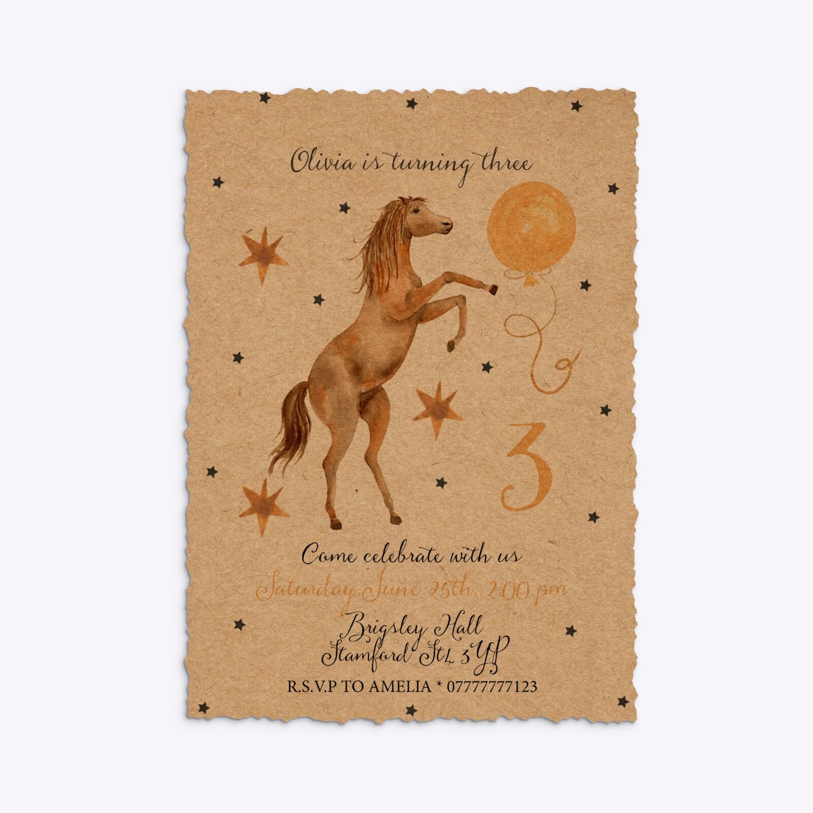 Personalised Horse Happy Birthday Deckle Invitation Kraft