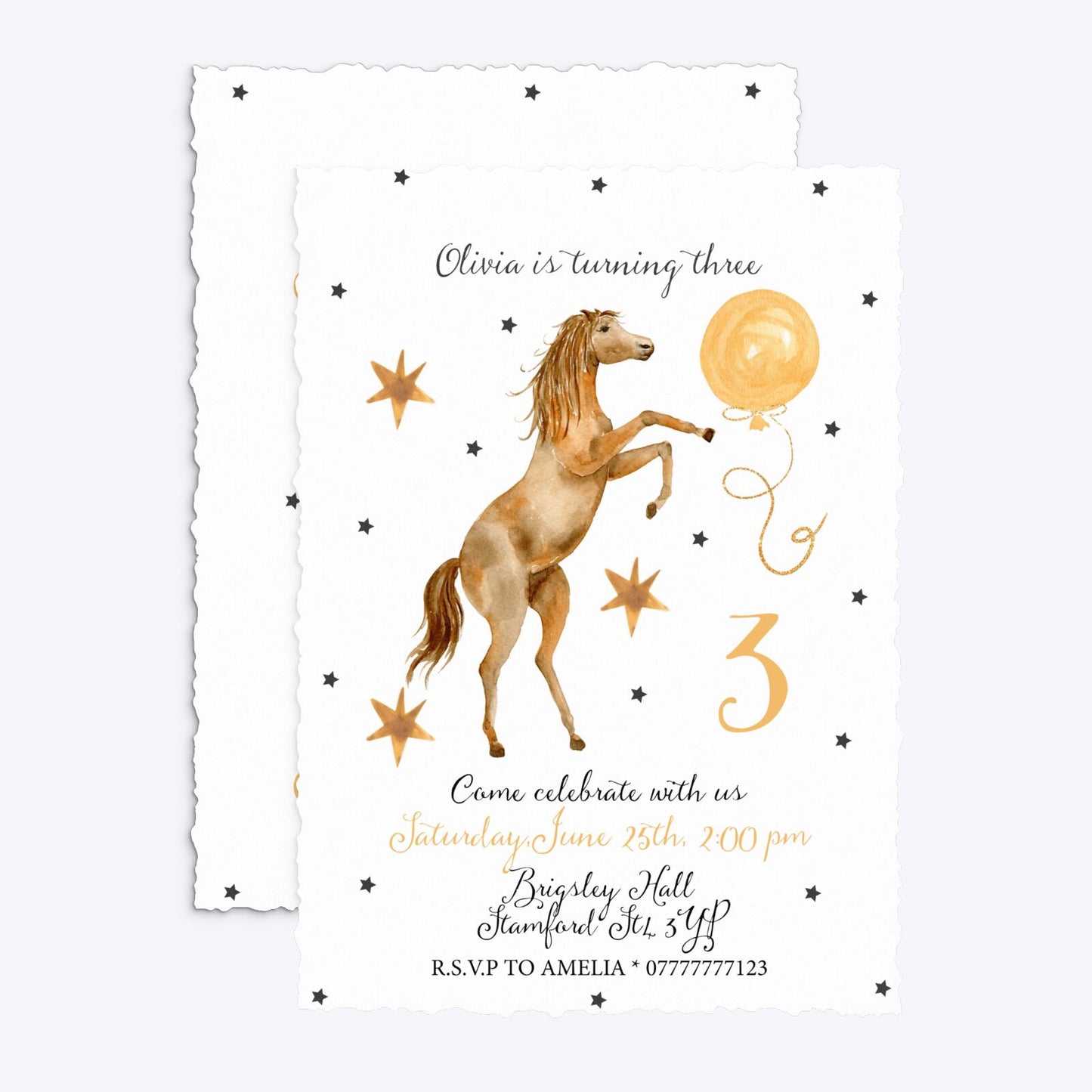 Personalised Horse Happy Birthday Deckle Invitation Matte Paper Front and Back Image
