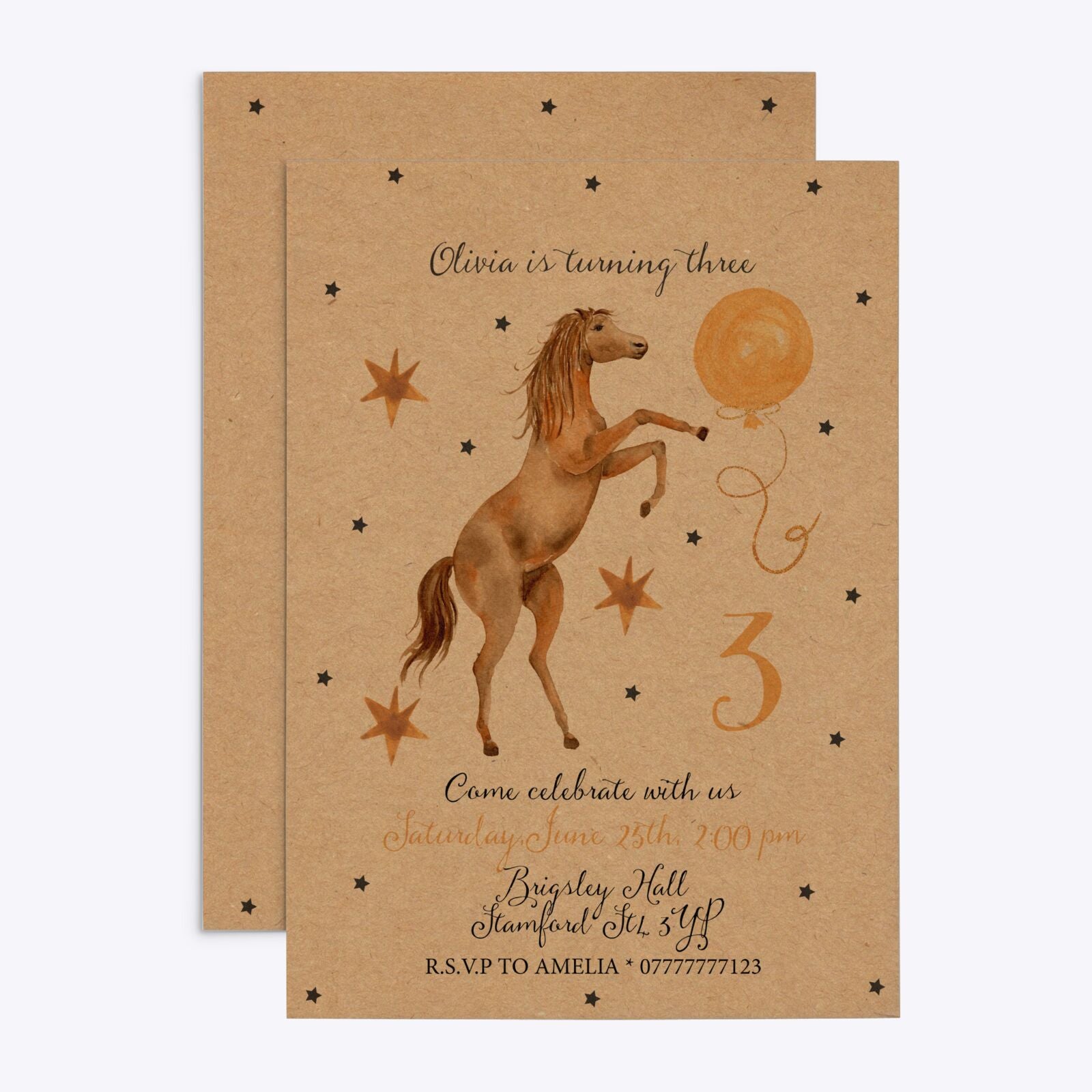Personalised Horse Happy Birthday Rectangle Invitation Kraft Front and Back Image