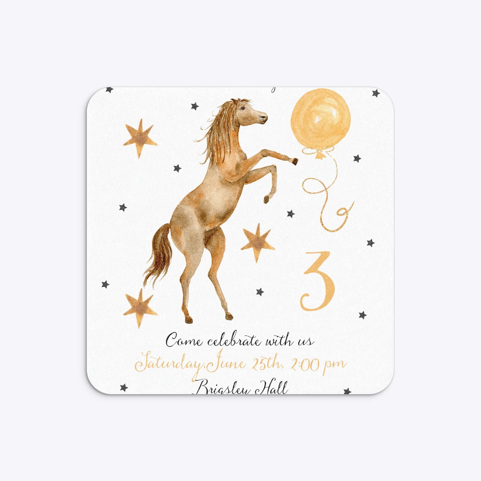 Personalised Horse Happy Birthday Rounded 5 25x5 25 Invitation Glitter
