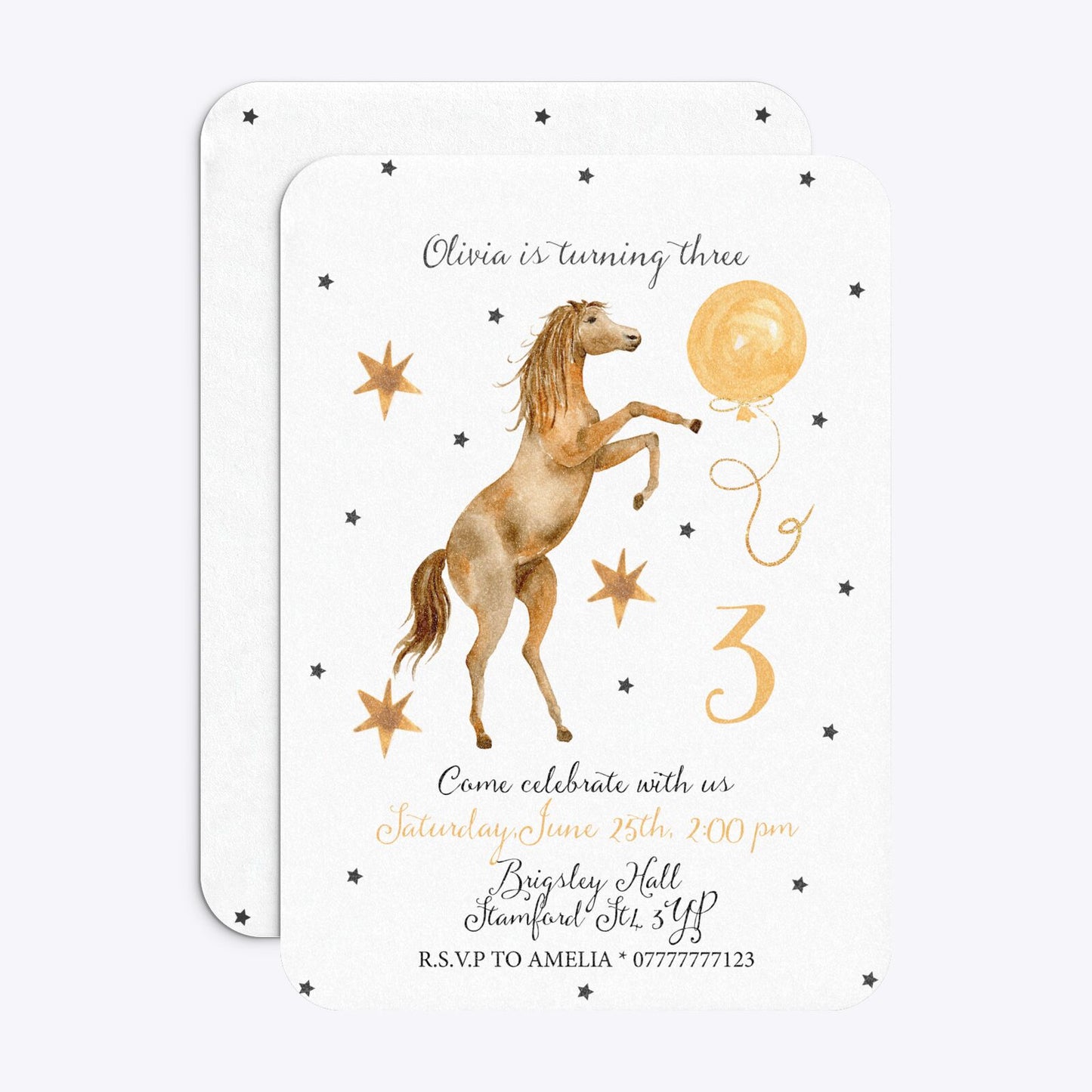 Personalised Horse Happy Birthday Rounded Invitation Glitter Front and Back Image