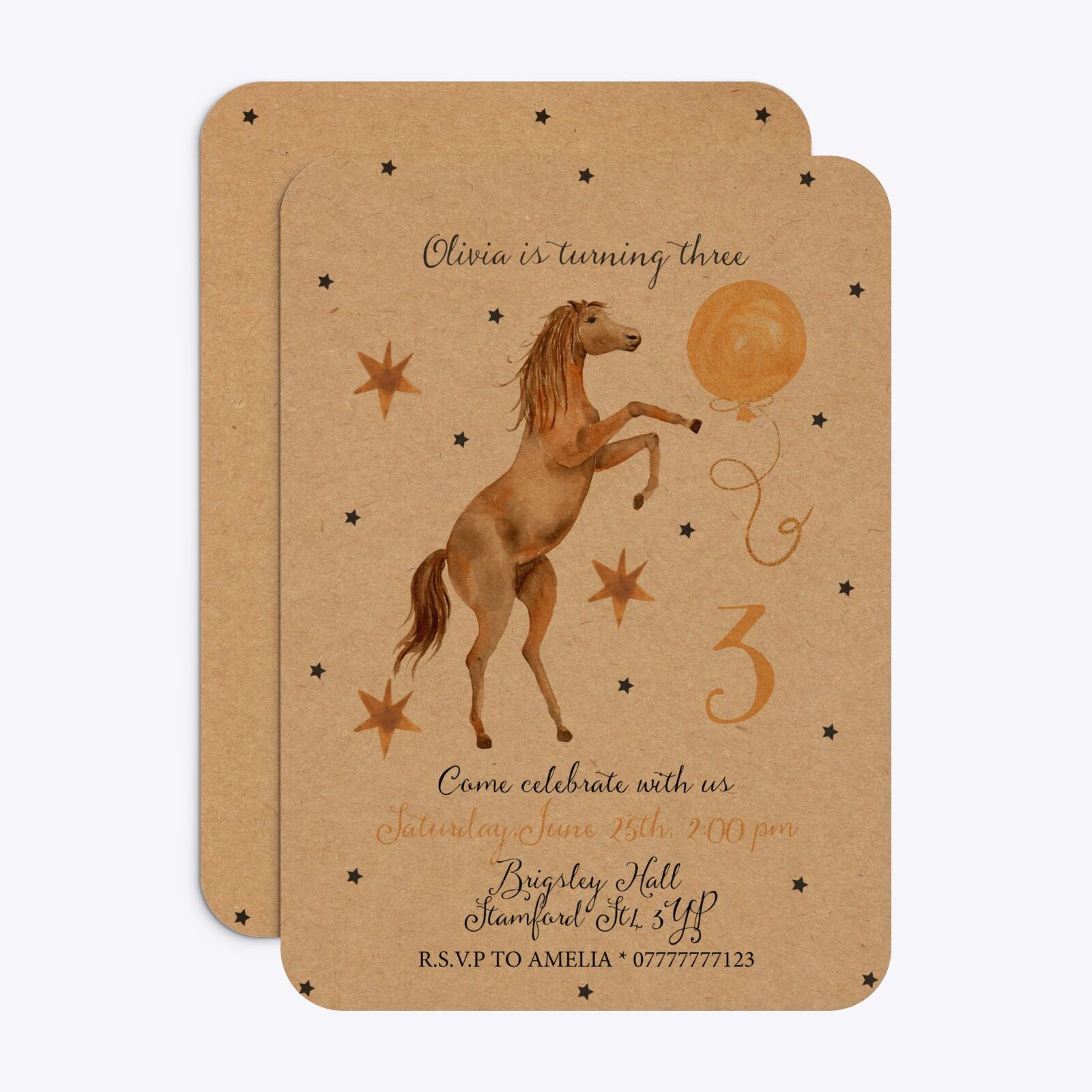 Personalised Horse Happy Birthday Rounded Invitation Kraft Front and Back Image