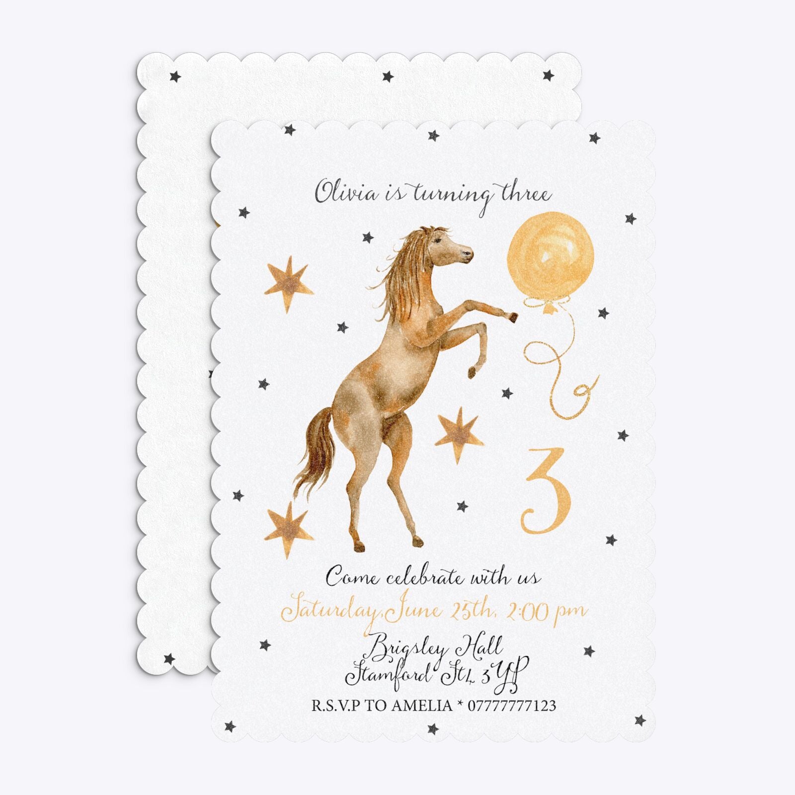 Personalised Horse Happy Birthday Scalloped Invitation Glitter Front and Back Image